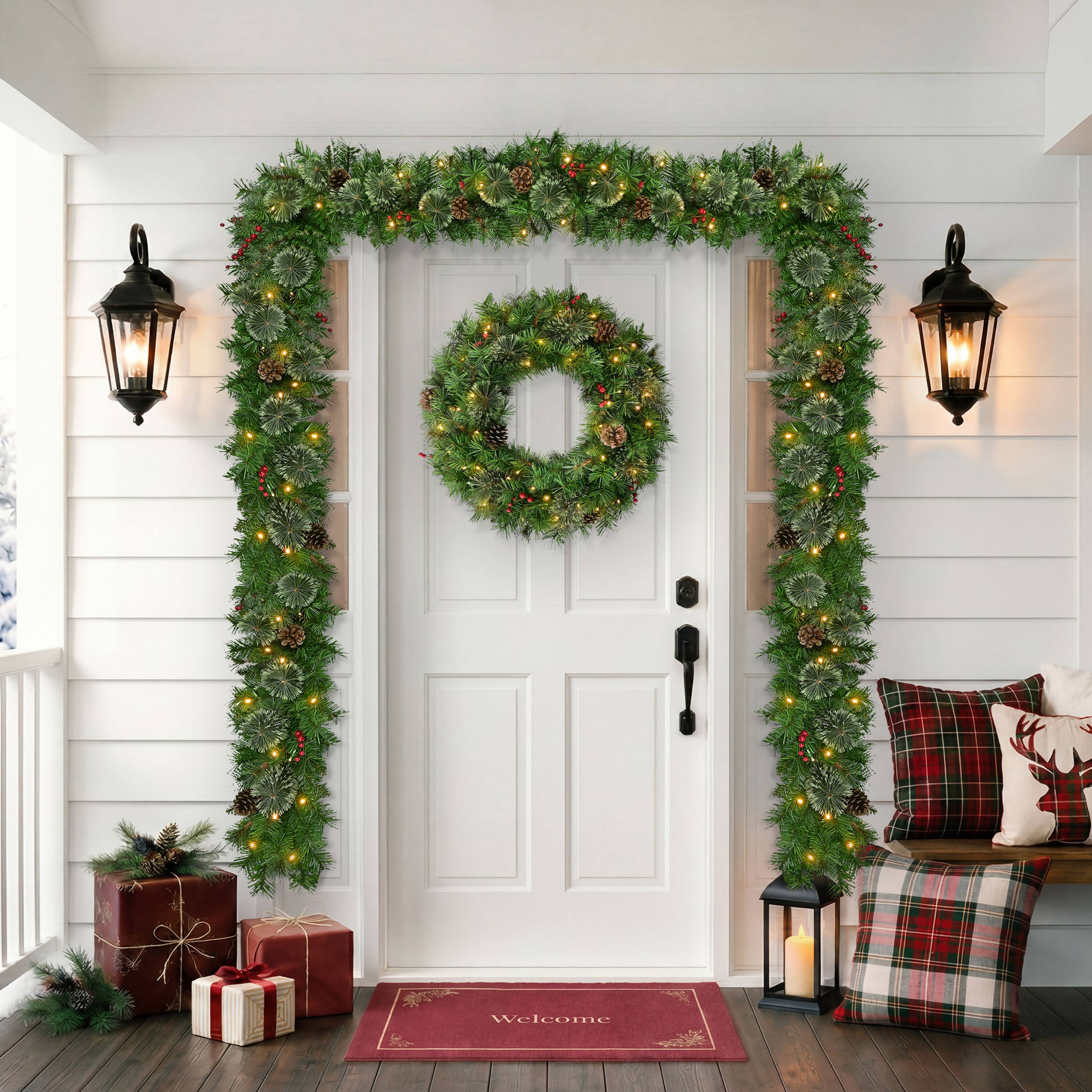 Puleo International 24" Pre-Lit Pine with Pinecones & Red Berries Artificial Wreath