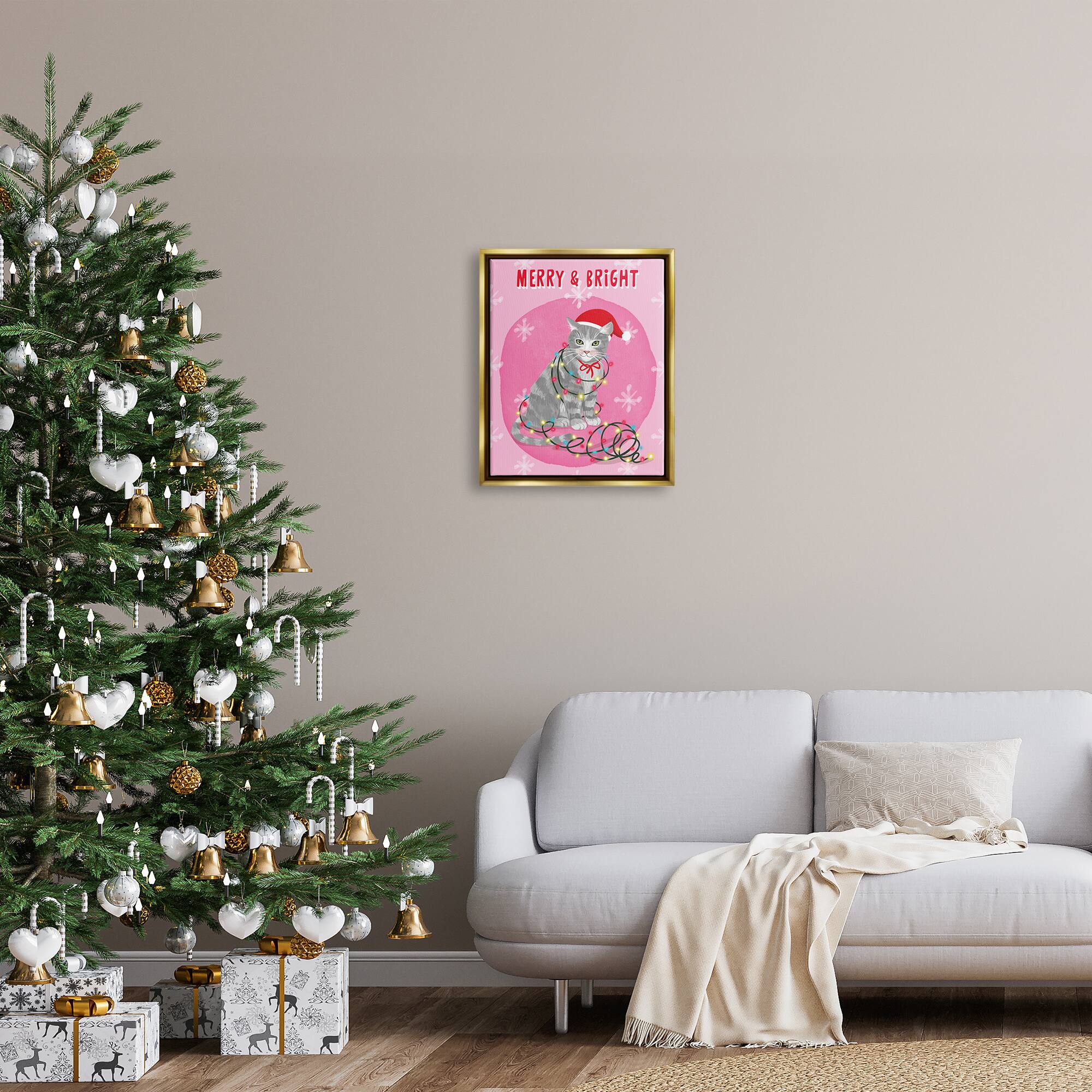 Stupell Industries Merry & Bright Christmas Cat Lights Framed Floater Canvas Wall Art