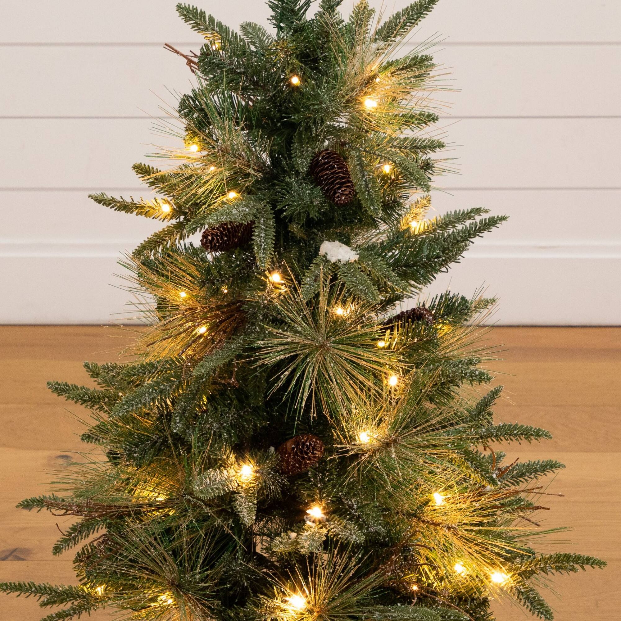 Nearly Natural 3ft. Pre-Lit Artificial Snowed Mixed Pine & Pinecone Christmas Tree in Gold Decorative Planter, Warm White LED lights