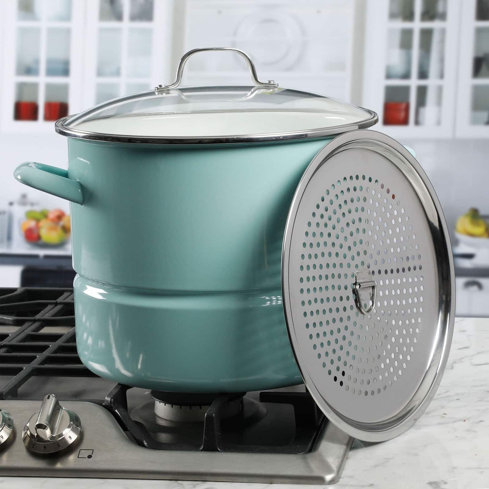 Kenmore® 16qt. Blue Stainless Steel Pot with Steamer Insert and Glass Lid