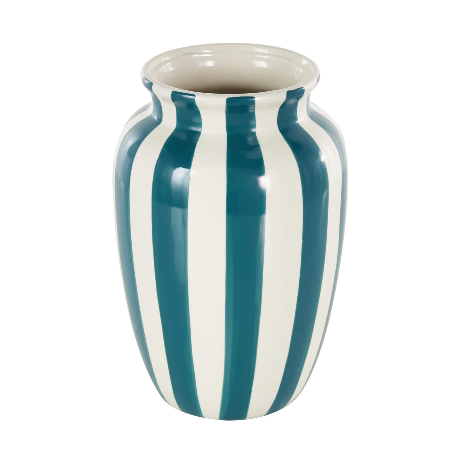 9.5" White & Teal Stripes Round Wide Ceramic Vase