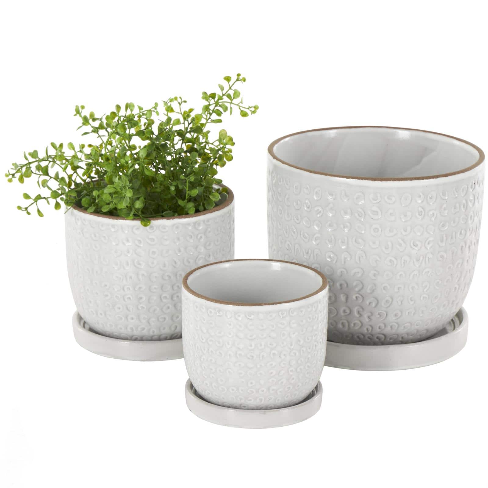 White Abstract Circle Pattern Ceramic Planter Set