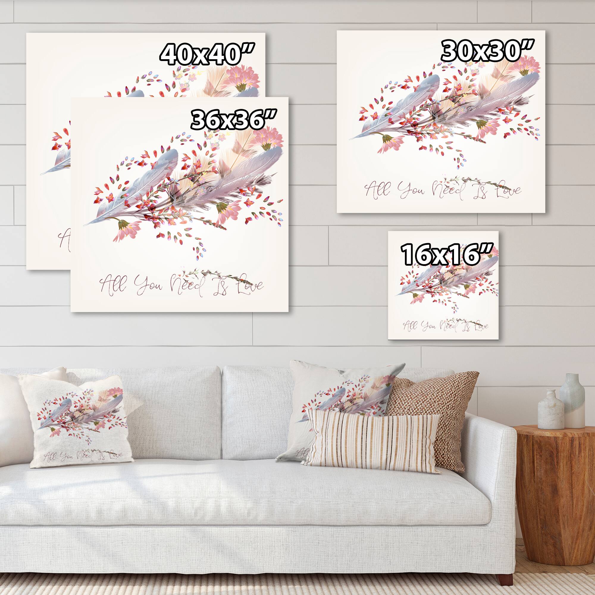 Designart - Pink Feathers and Bird All You Need Is Love
