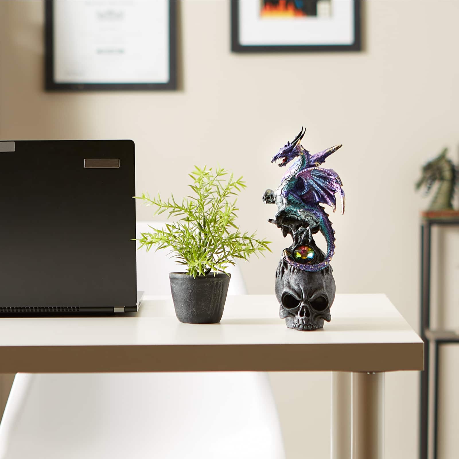 10" Mystical Dragon Atop A Black Skull Figurine