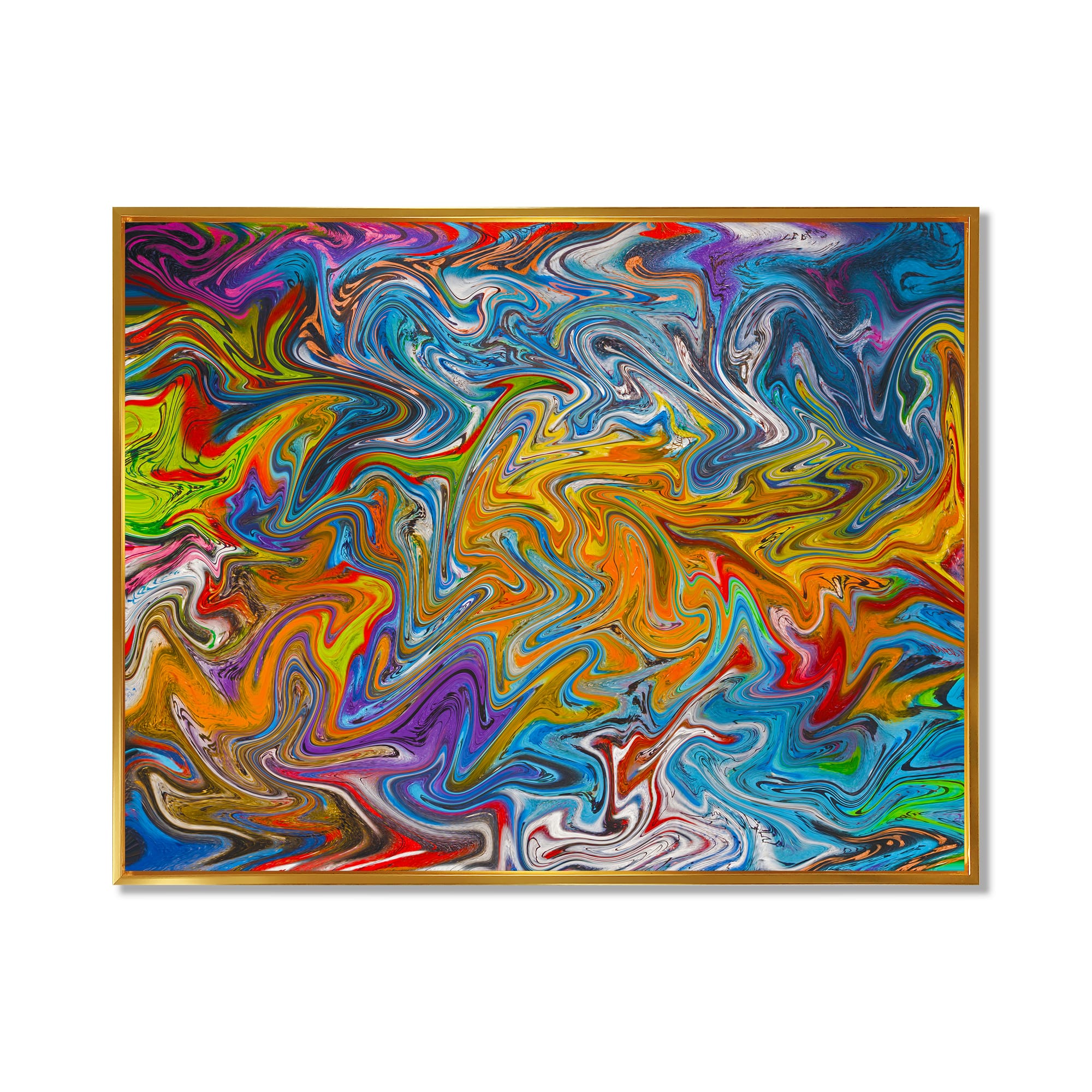 Designart - Fractal Flowing Colors - Blue - Abstract Framed Canvas Art Print