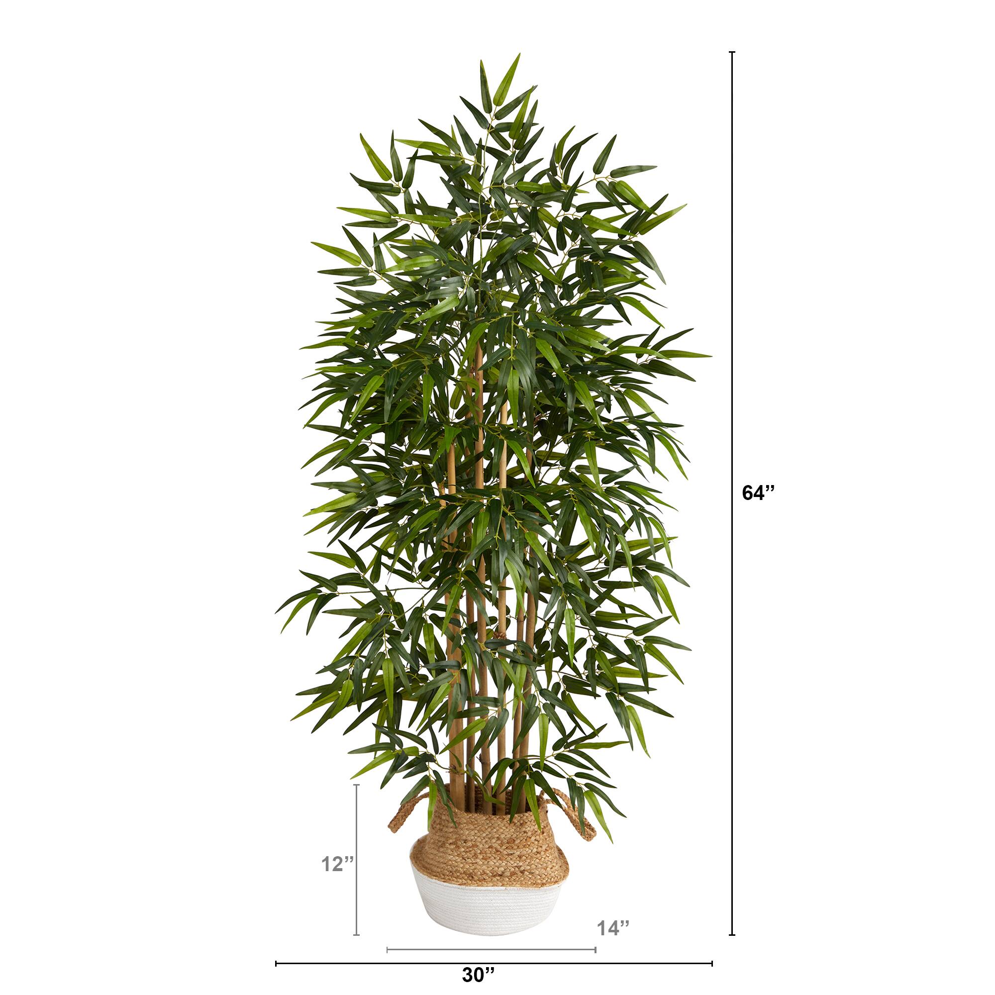 64" Bamboo Artificial Tree with Natural Bamboo Trunks in Boho Chic Handmade Cotton & Jute White Woven Planter