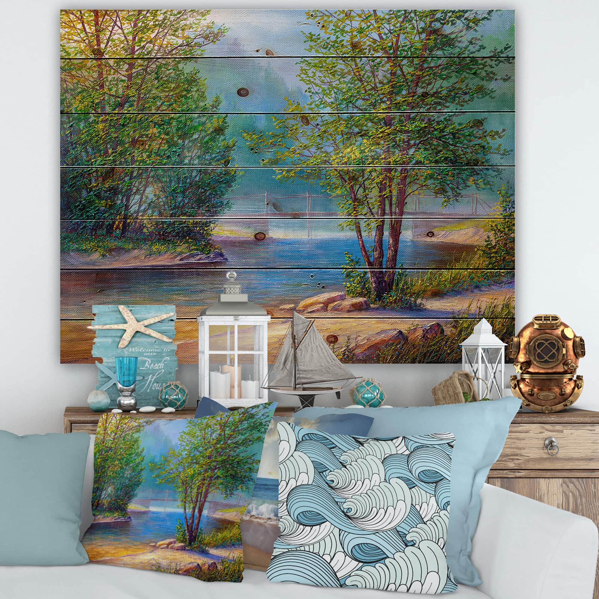 Designart - Green Trees By The Riverside - Traditional Print on Natural Pine Wood
