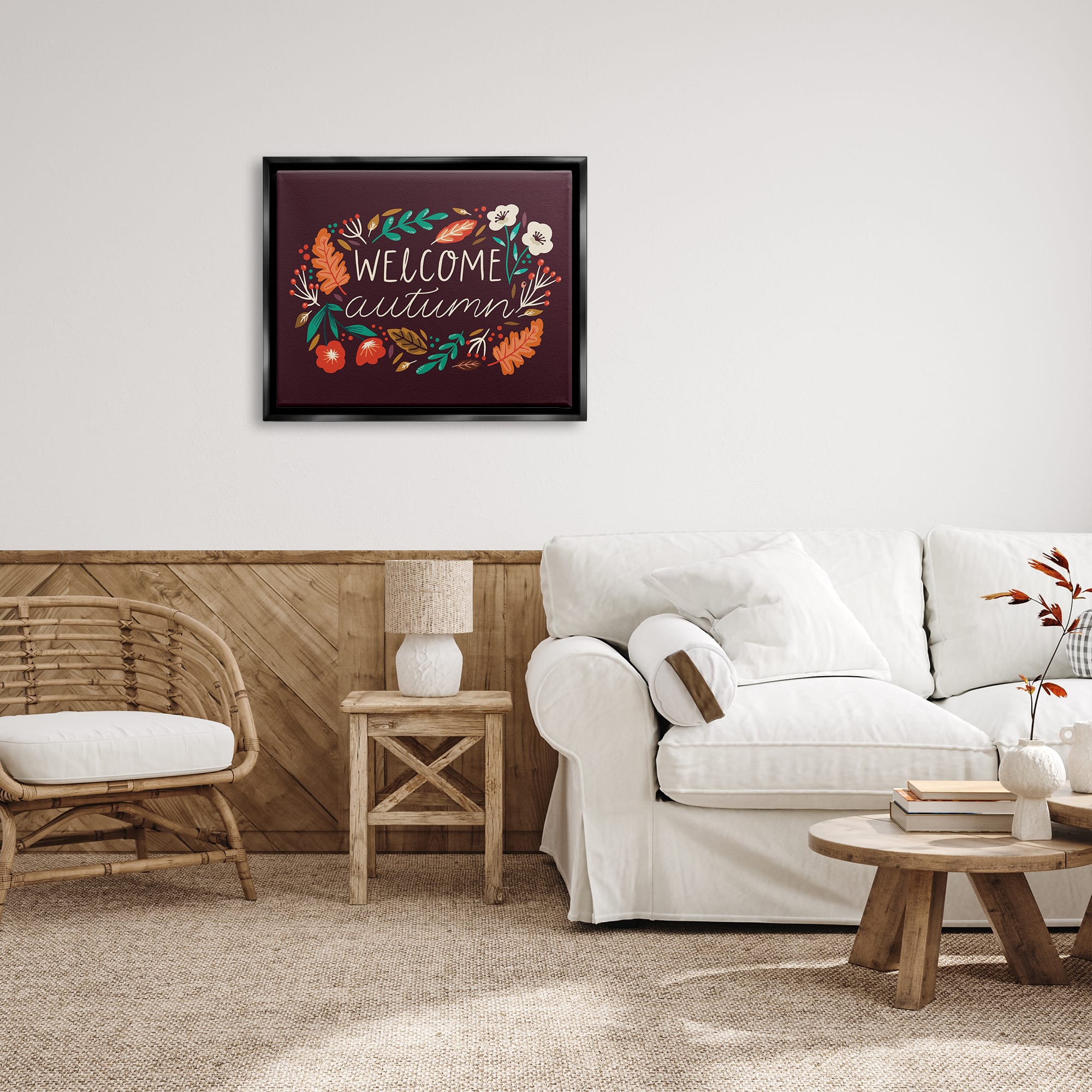 Stupell Industries Welcome Autumn Fall Botanicals Framed Floater Canvas Wall Art