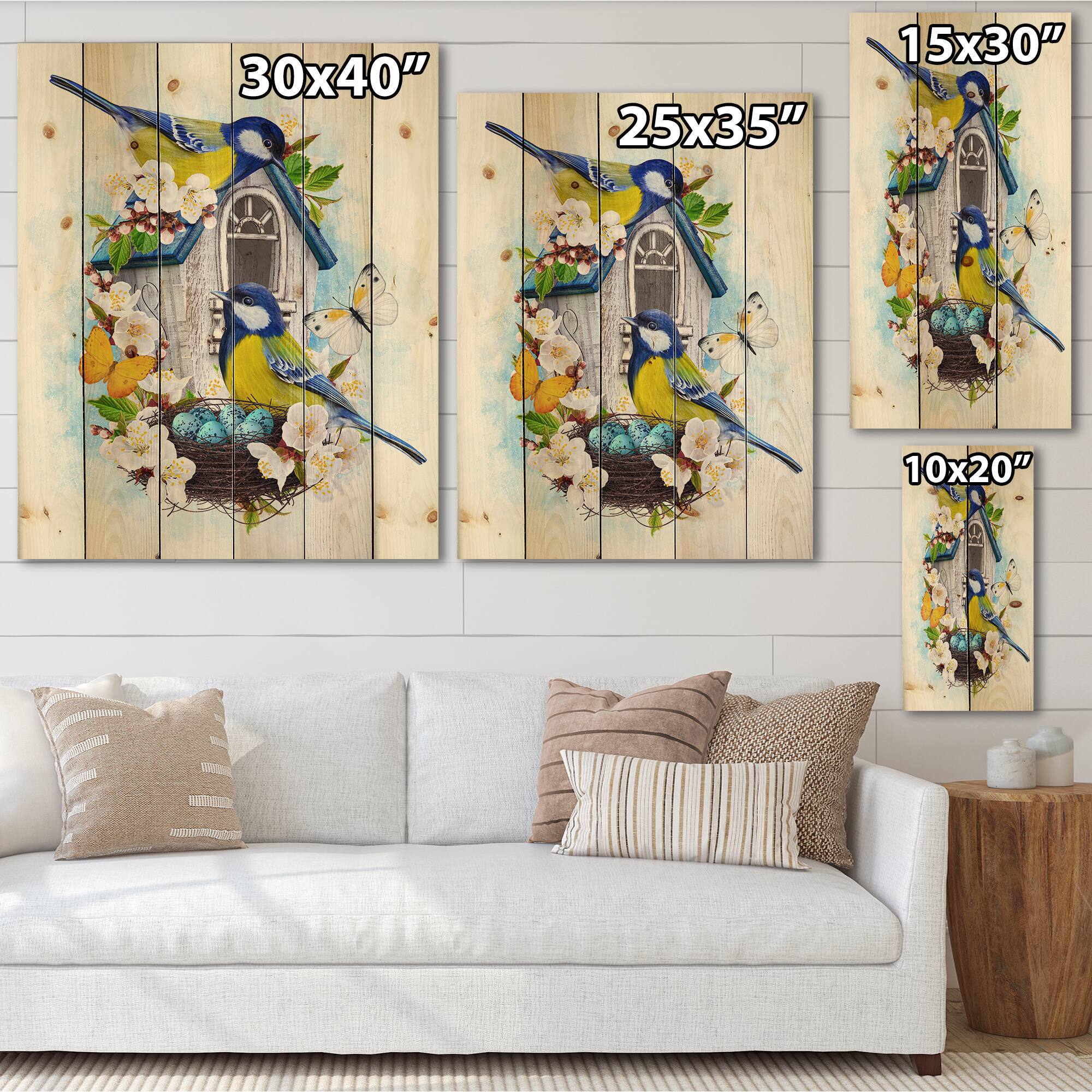 Designart - Two Tit Birds Sitting Near The Nest With Eggs I - Traditional Print on Natural Pine Wood