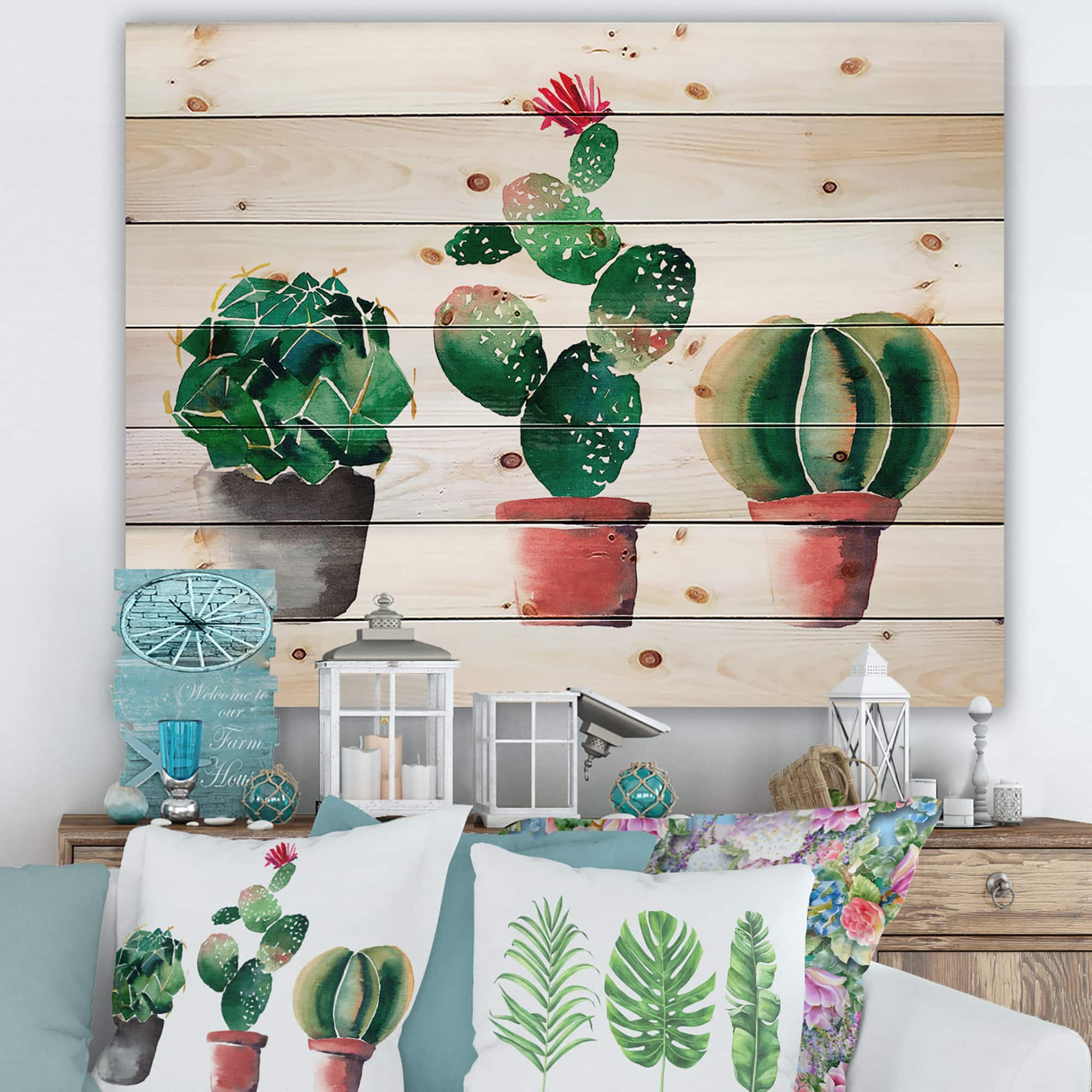 Designart - Three Cactus In Clay Pots - Botanical Print on Natural Pine Wood