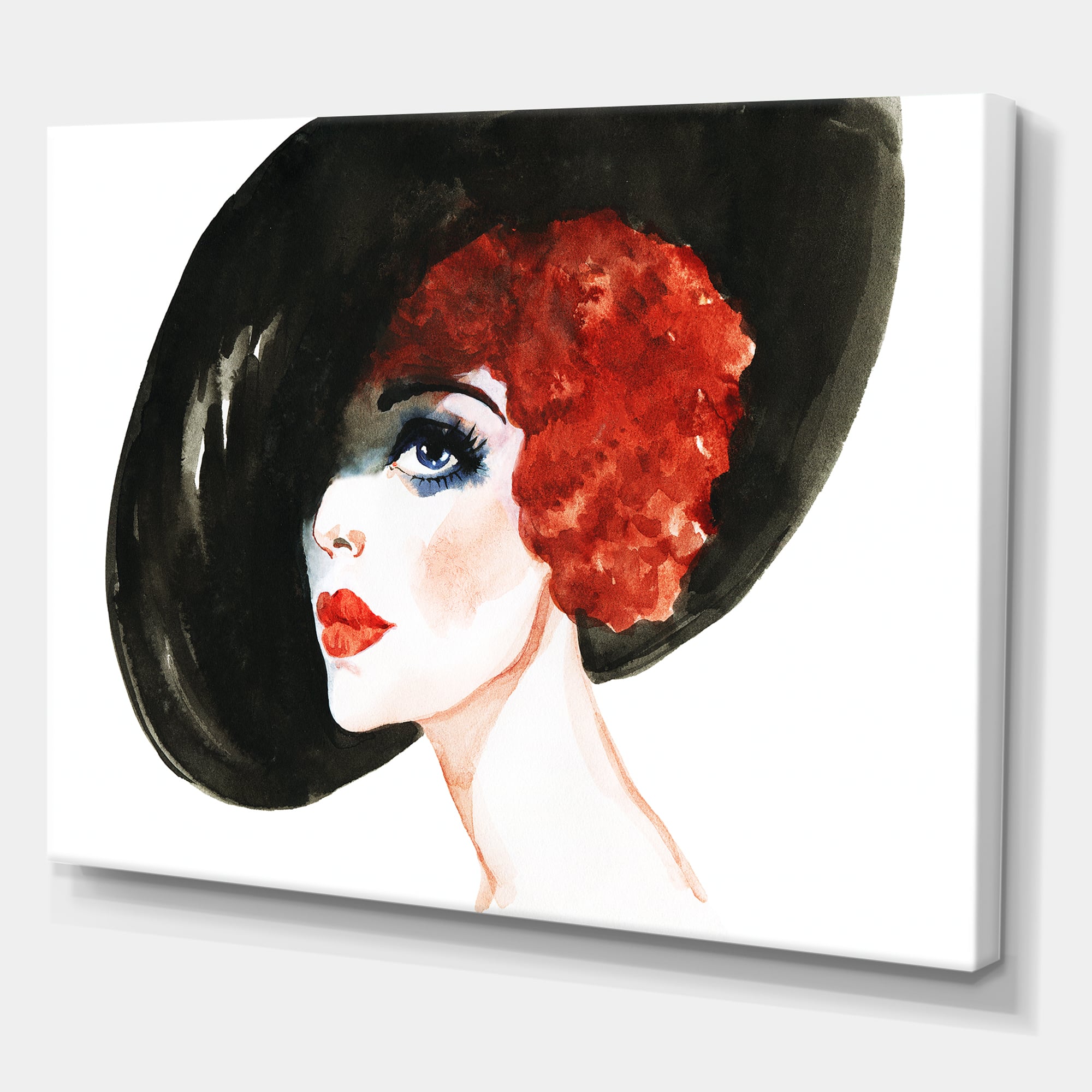 Designart - Red Head Lady In Hat Portrait of Woman - Modern Canvas Wall Art Print