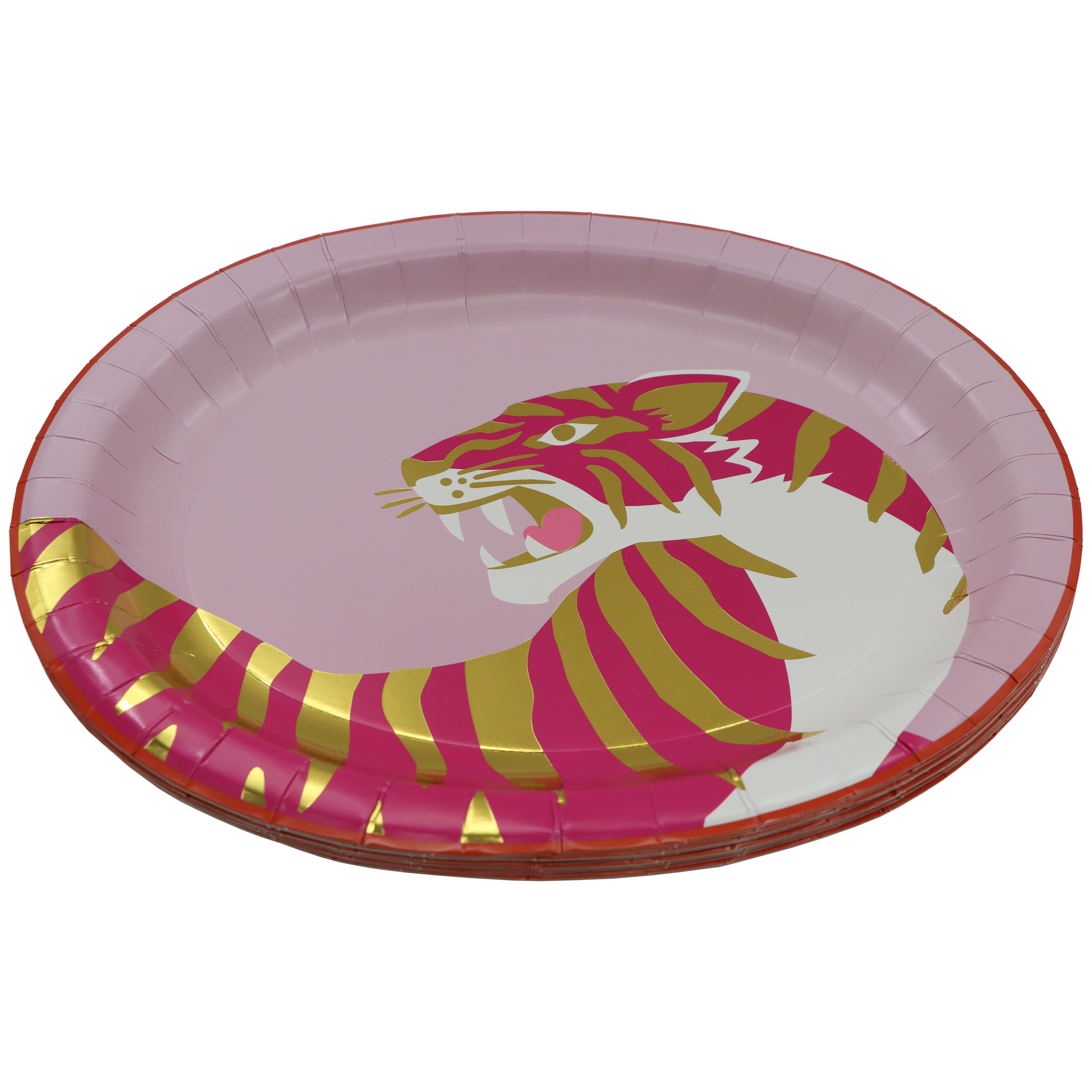 Pink Jungle 12.25" Gold & Pink Tiger Oval Paper Plates, 10ct. by Celebrate It™