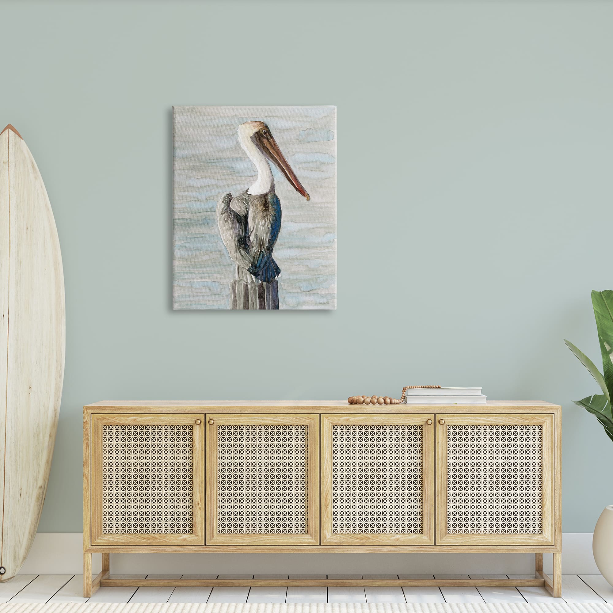 Stupell Industries Long Beak Pelican Watercolor Painting Coastal Waterfowl Bird Canvas Wall Art