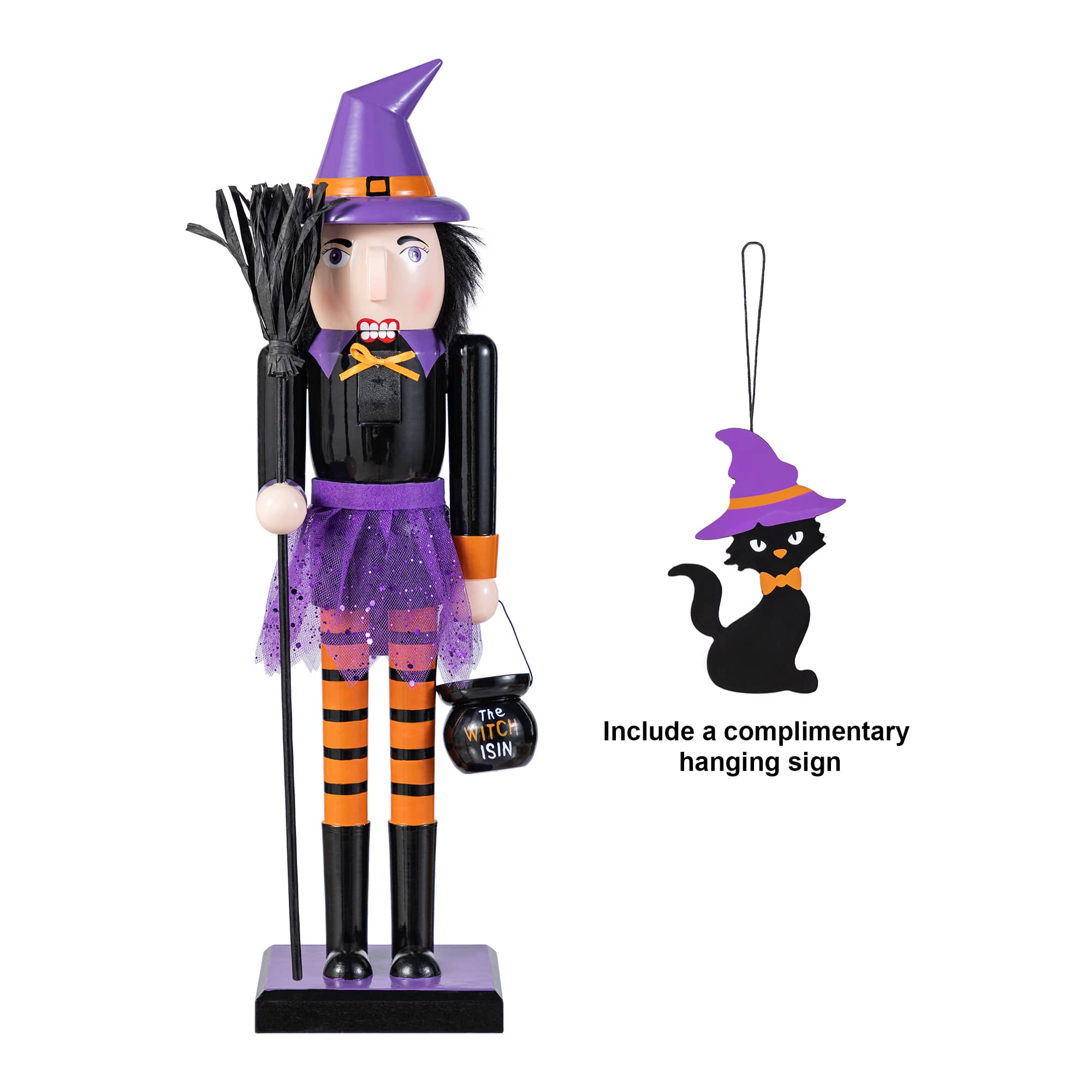 Glitzhome® 18.5"H Halloween Wooden Witch Nutcracker with Witch Cat Ornament