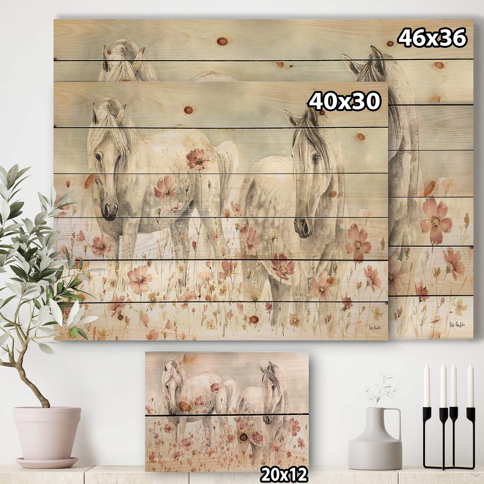 Designart - watercolors Pink Wild Horses - Farmhouse Print on Natural Pine Wood
