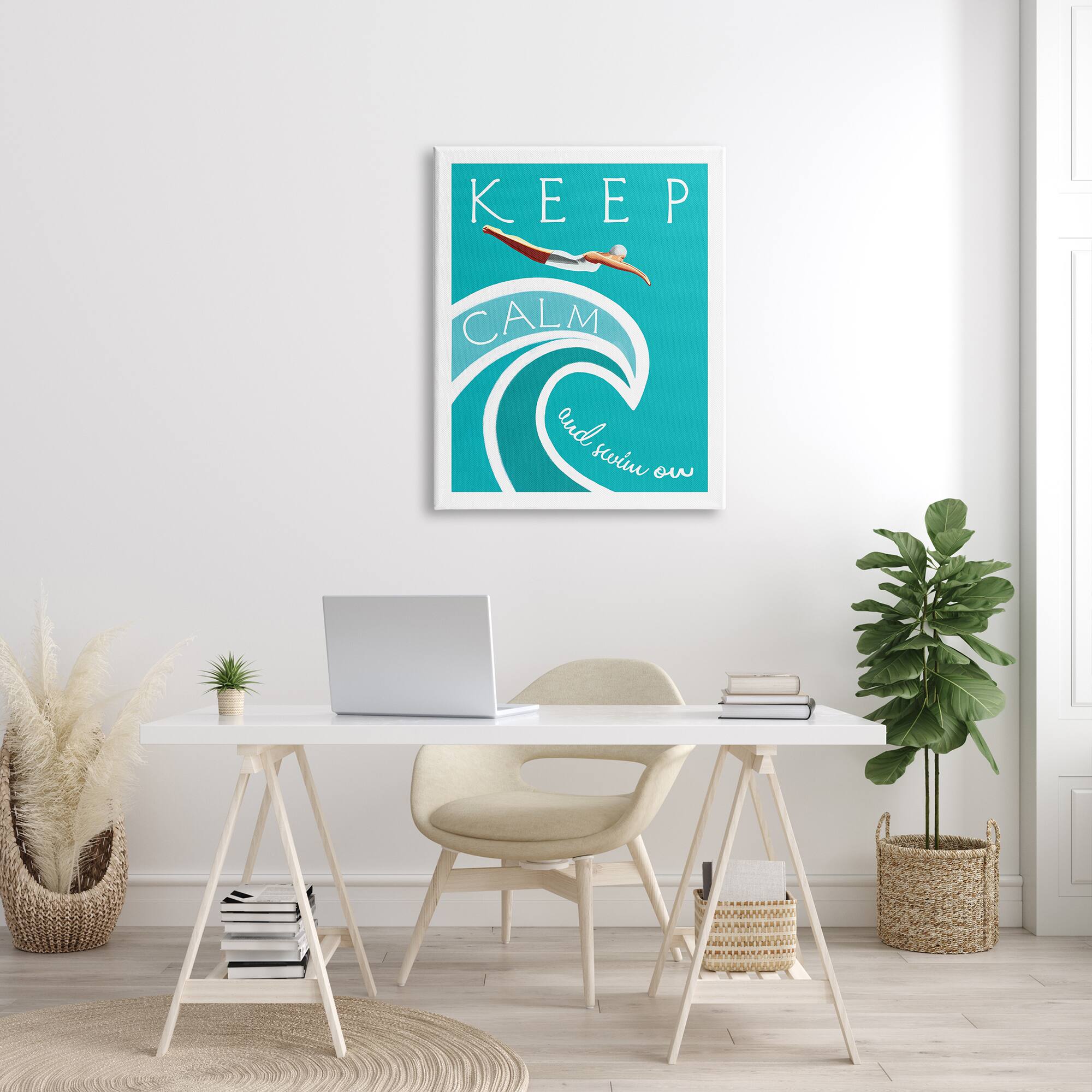 Stupell Industries Keep Calm Swim On Phrase Female Diver Blue Wave Canvas Wall Art