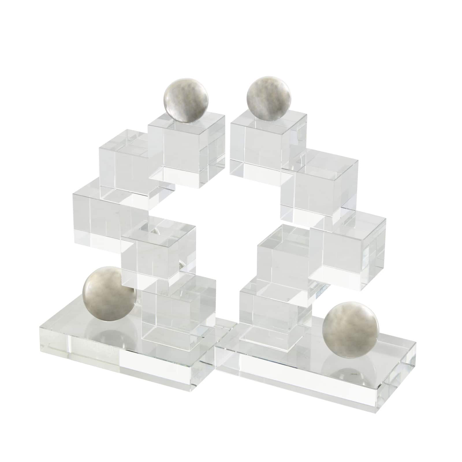 8.25" Clear Glass Stacked Squares Bookends with Silver Orbs, 2ct.