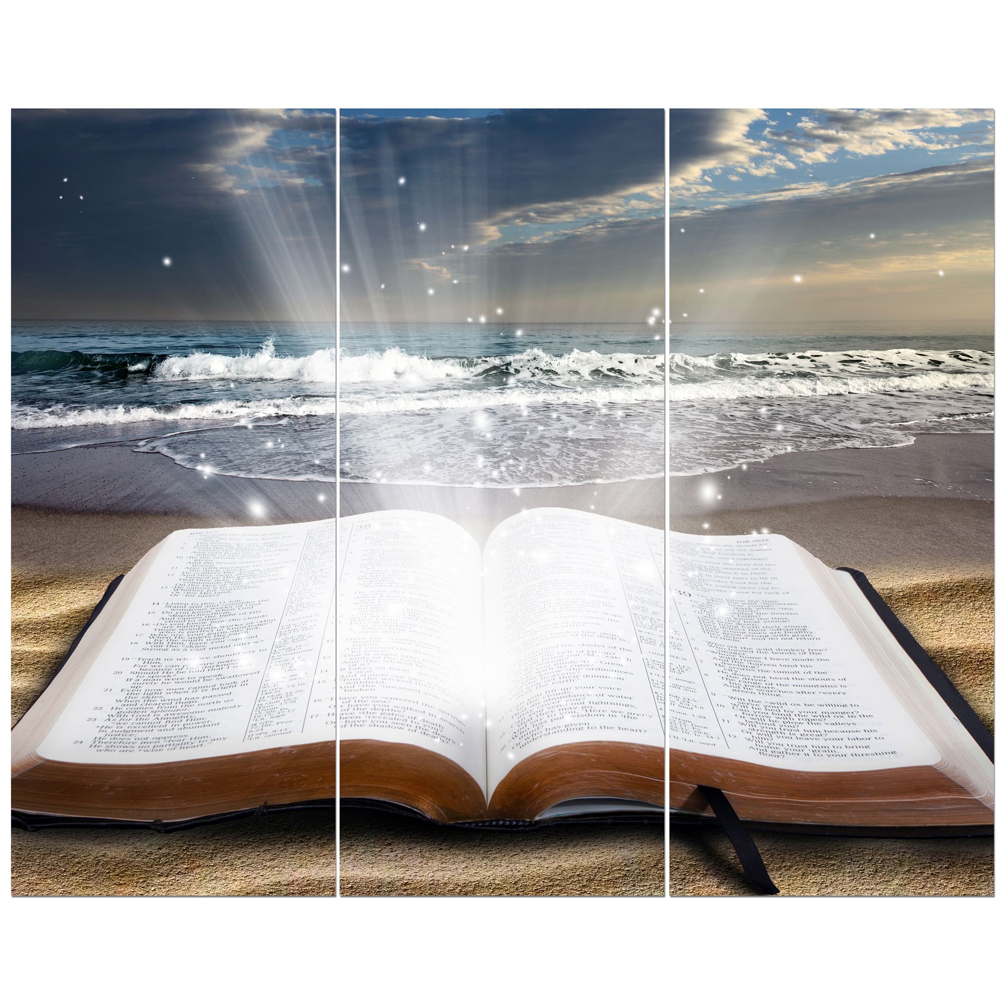 Designart - Jesus Bible at beach - Religious Art on Wrapped Canvas set