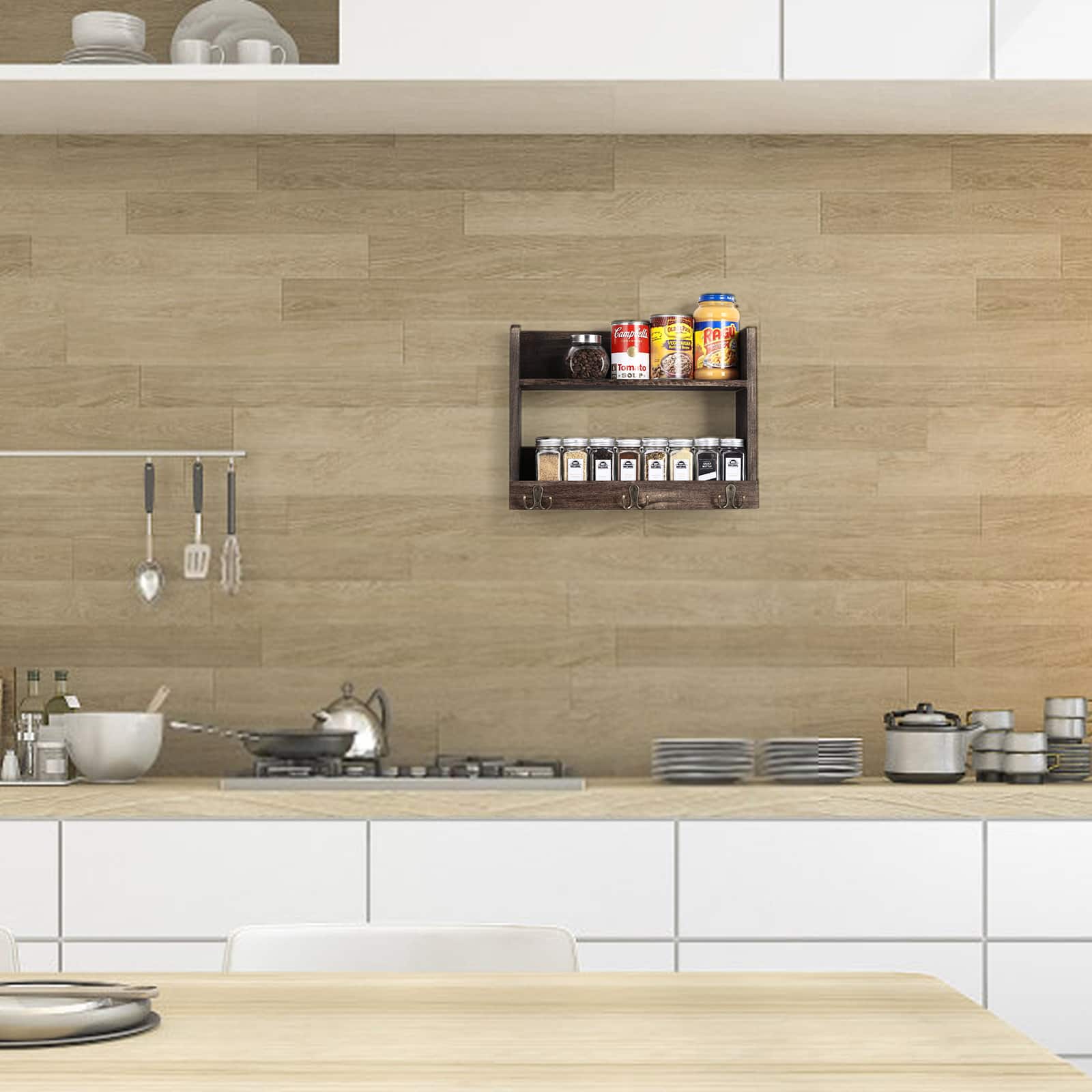 Rustic Wood Floating Storage Shelf with 3 Hooks