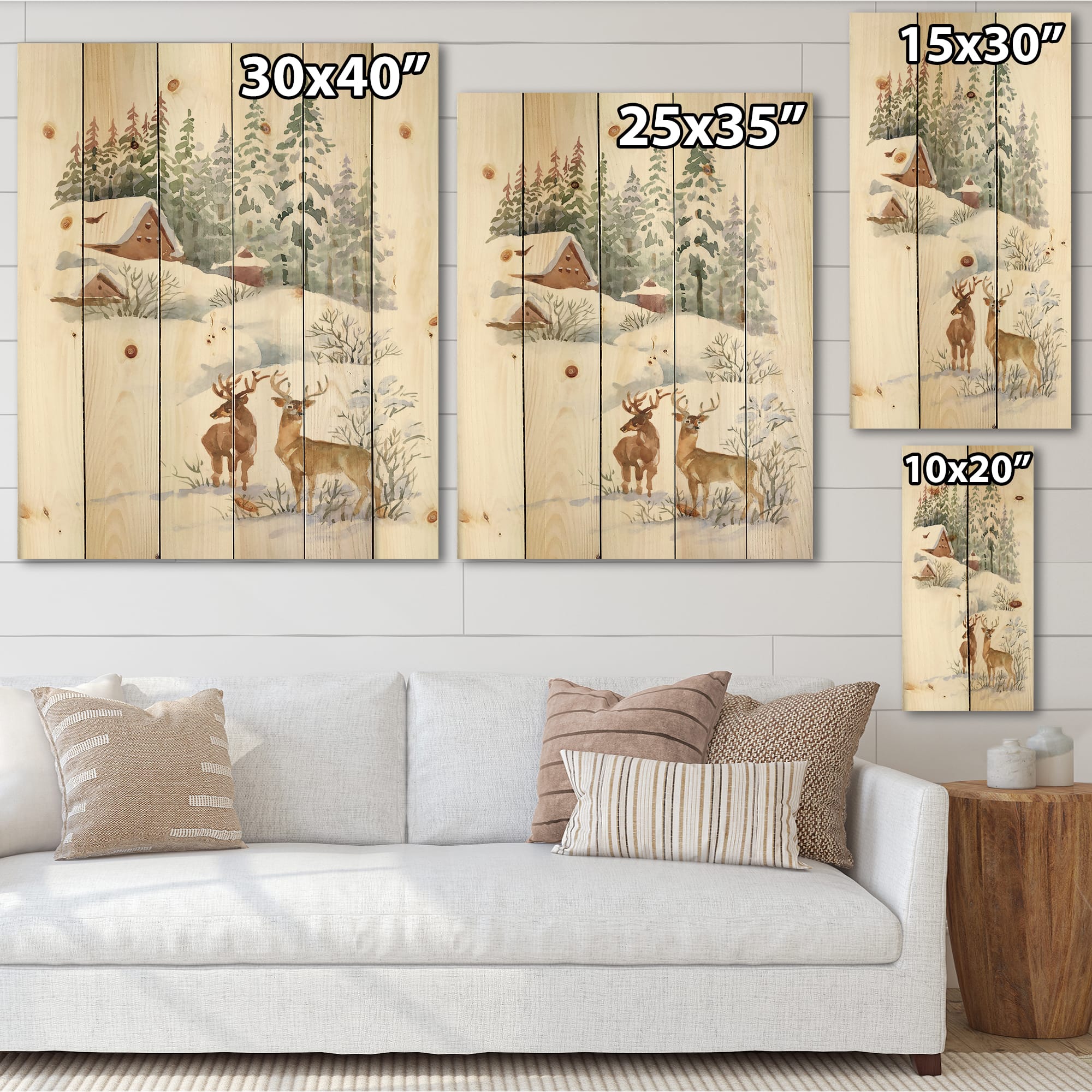 Designart - Winter Cottage With Two Deers - Farmhouse Print on Natural Pine Wood