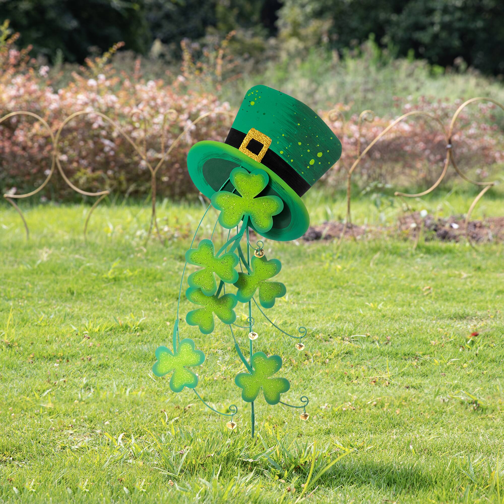 Glitzhome® 42" St. Patrick's Metal Leprechaun Hat Shamrocks Yard Stake