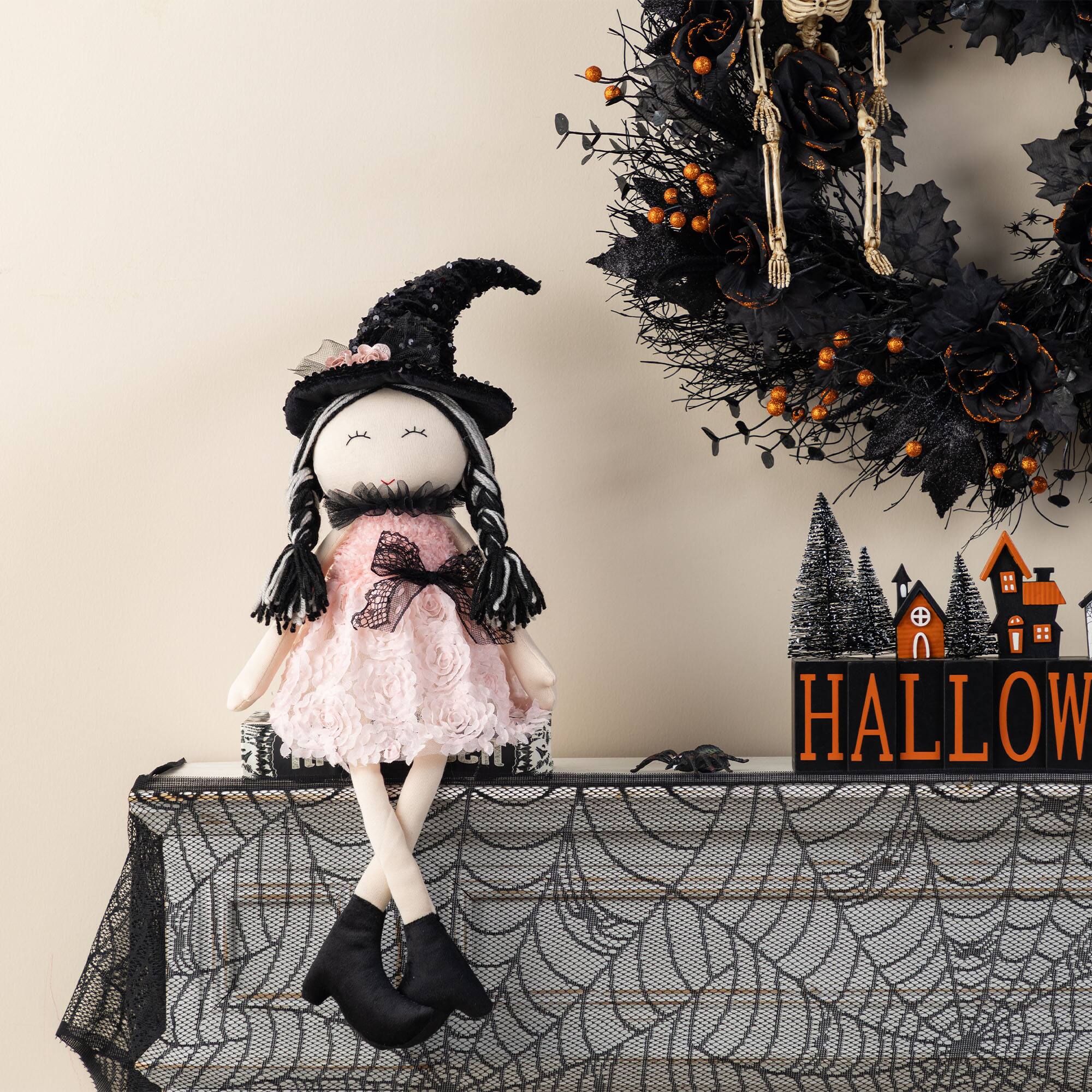 Glitzhome® 29"H Halloween Pink Fabric Dressed Witch Sitter