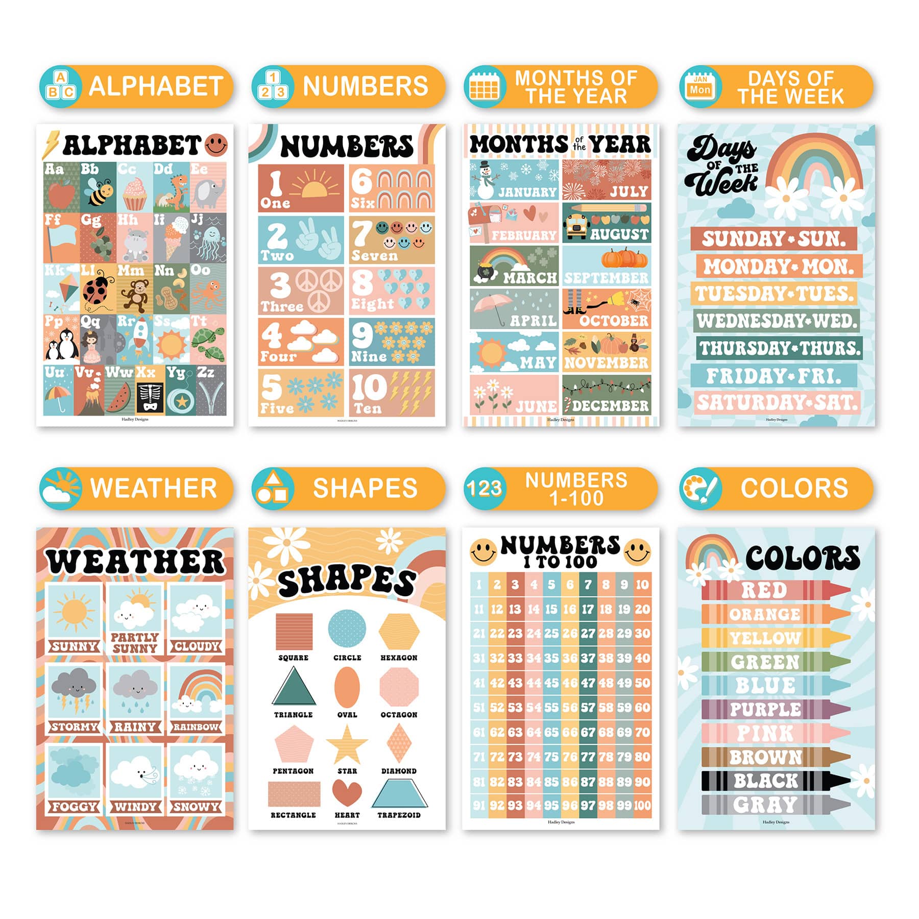 Hadley Designs 11" x 17" Designs Retro Boho Preschool Educational Laminated Posters Set