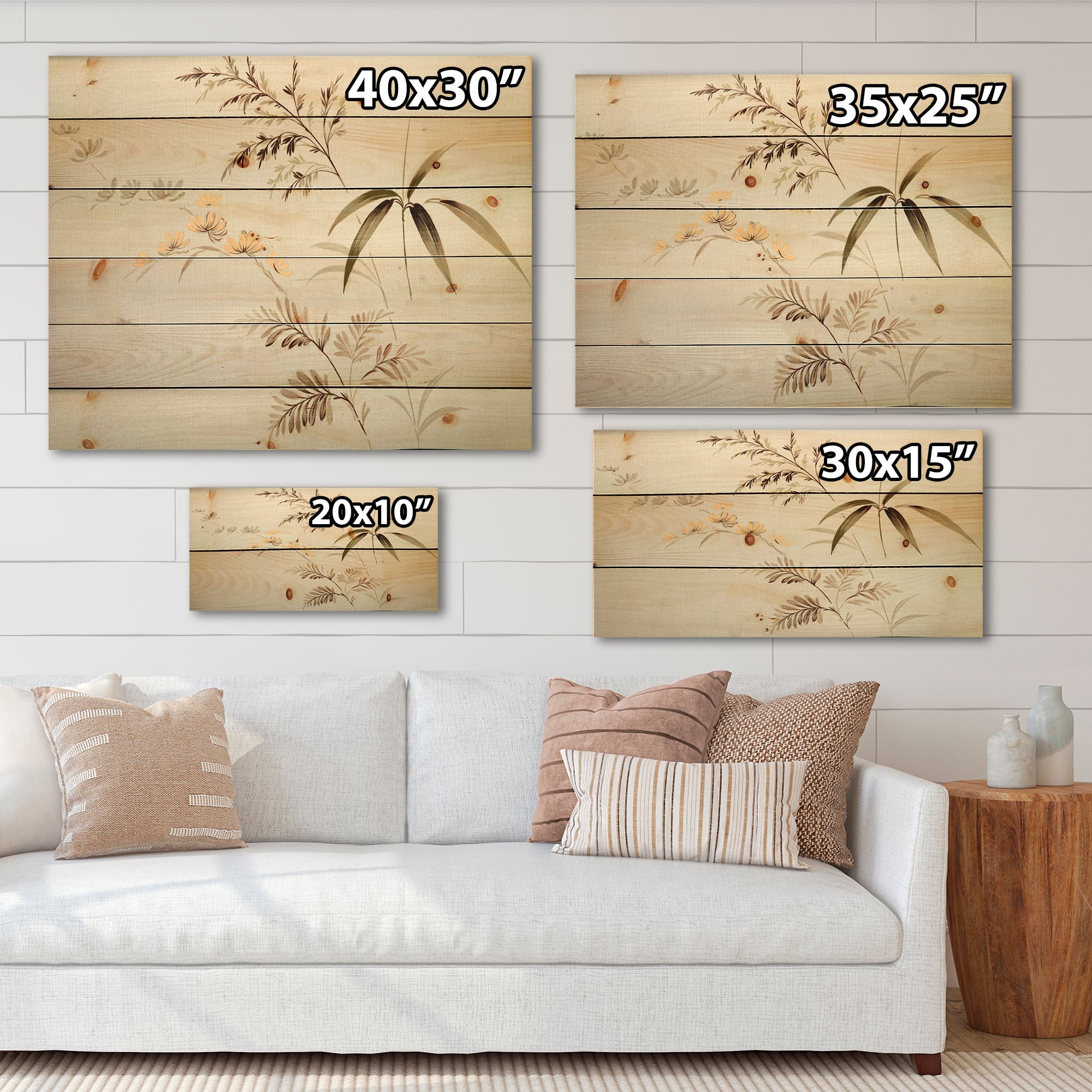 Designart - Retro Drawing of Flowers III - Vintage Print on Natural Pine Wood