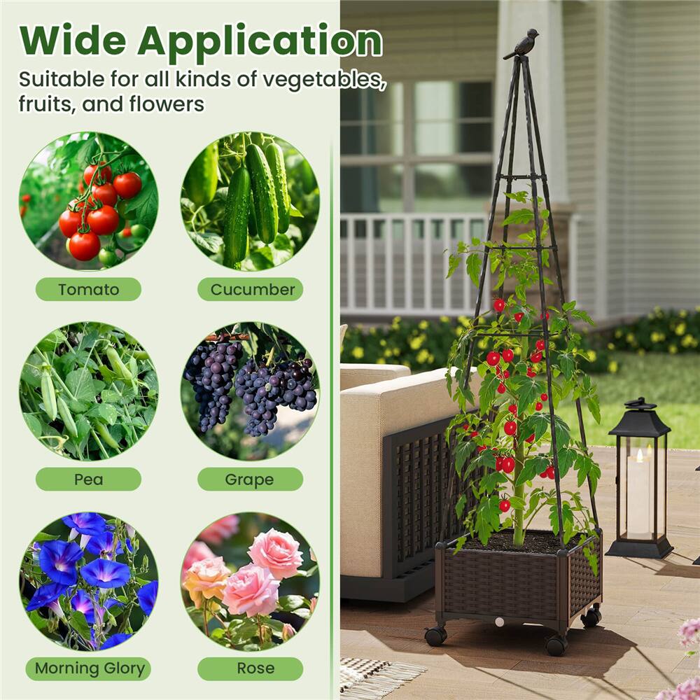 Costway Raised Garden Bed with Plant Box & Obelisk Trellis Lockable Wheels Cage Planter Set
