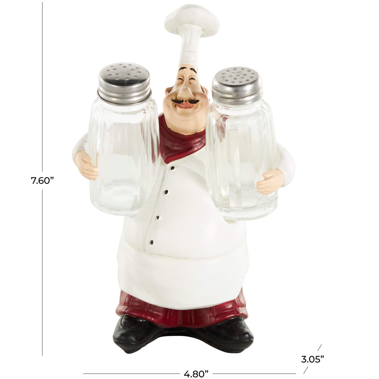 8" White Polystone Chef Figurine Salt & Pepper Shaker Holder with Red Accents
