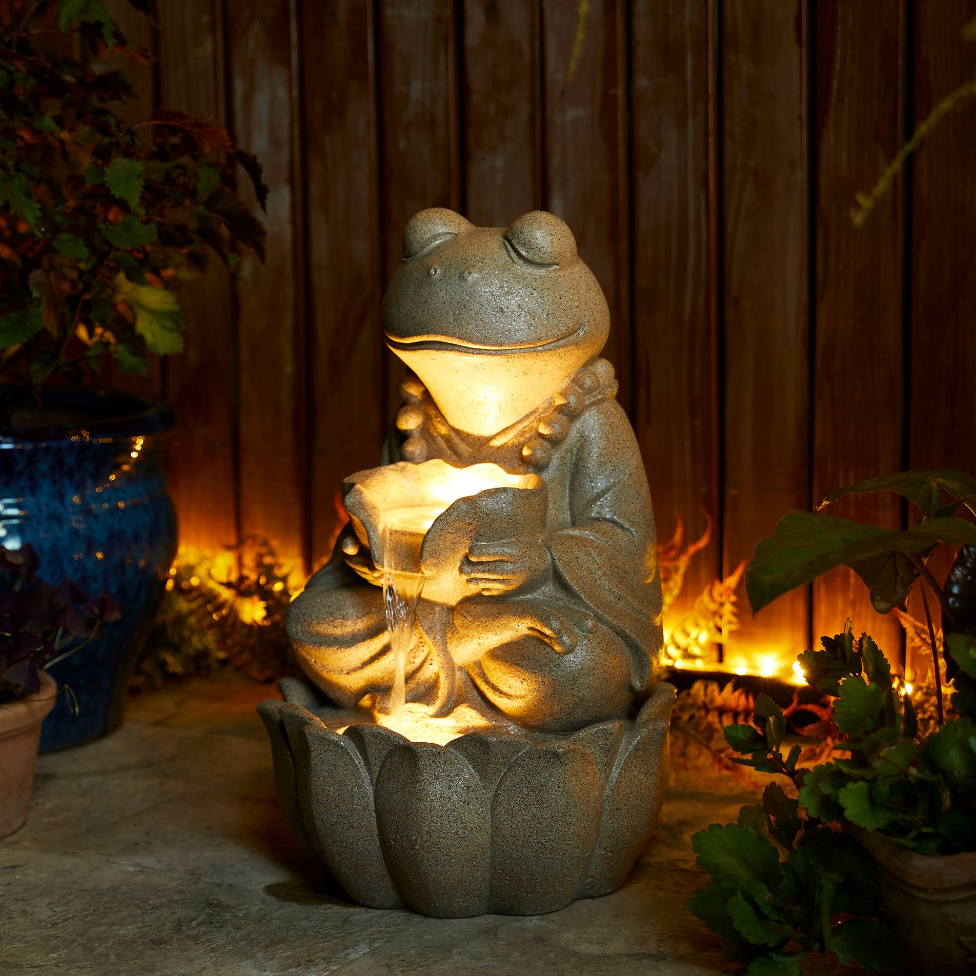 Glitzhome® 21.75" Sand Beige Zen-Style LED 2-Tier Frog Outdoor Fountain