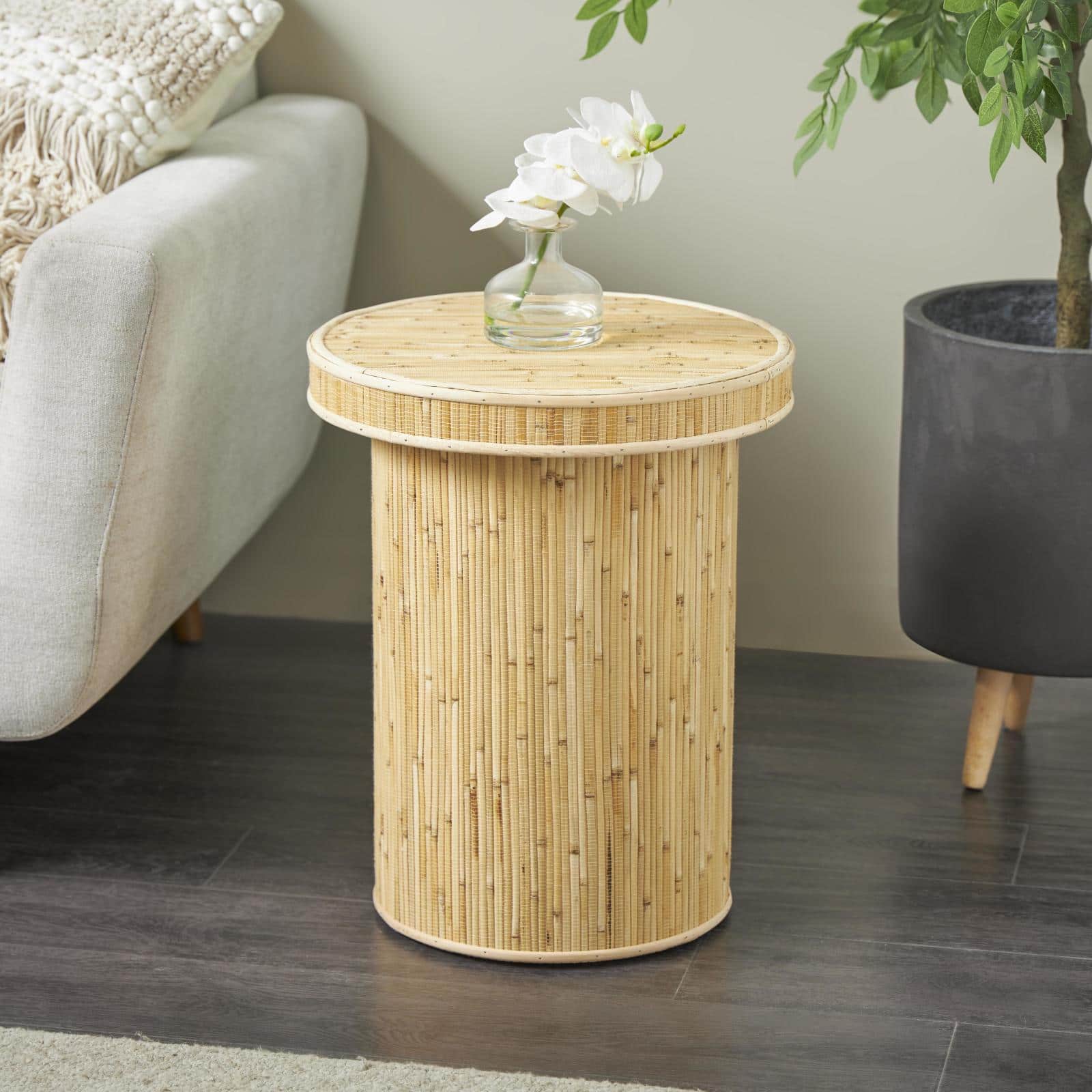 20" x 16" x 16" Light Brown Wooden Handmade Accent Table with Linear Wood Strip Design