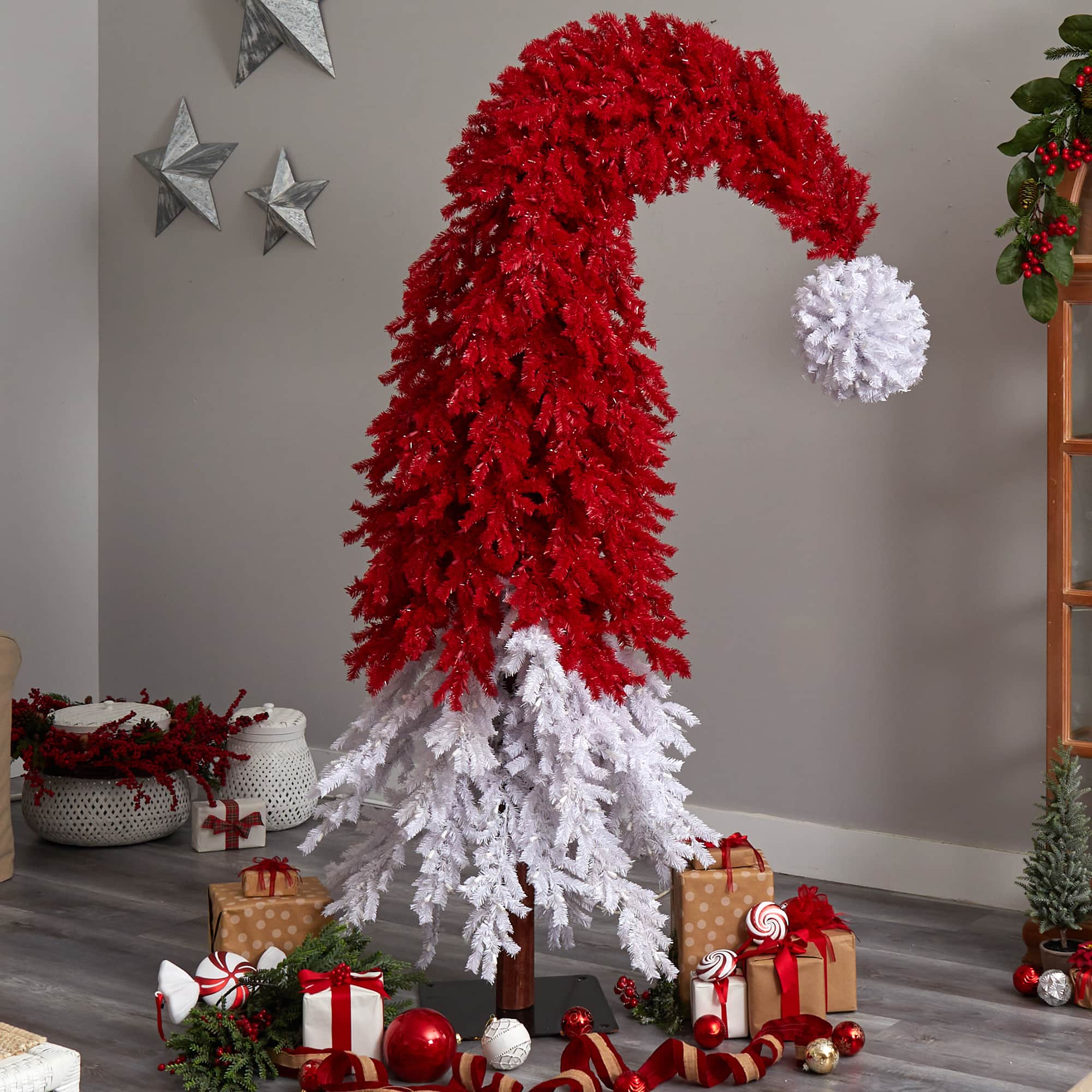 9ft. Pre-Lit Holiday Red Santa Hat Artificial Christmas Tree, White LED Lights