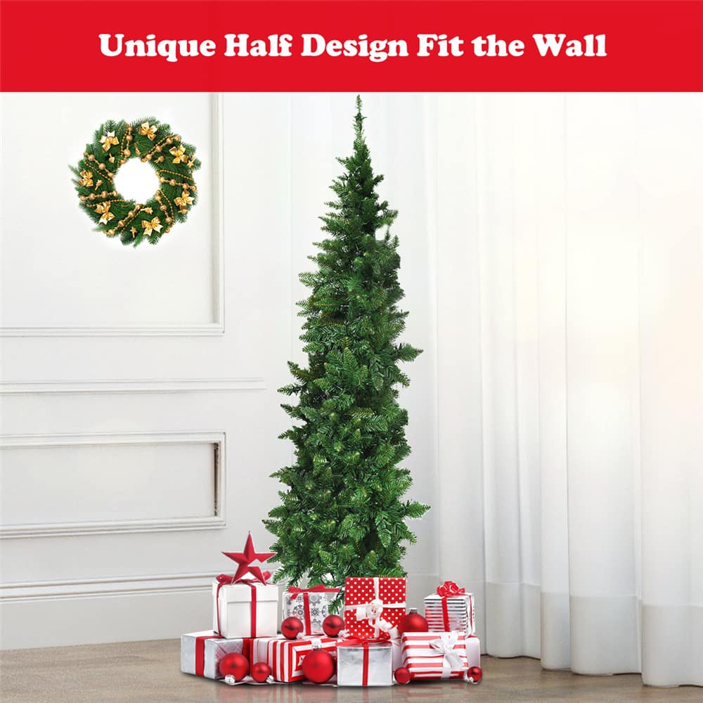 Costway 6ft. Pre-Lit Green Artificial Half Christmas Tree, Warm White LED Lights