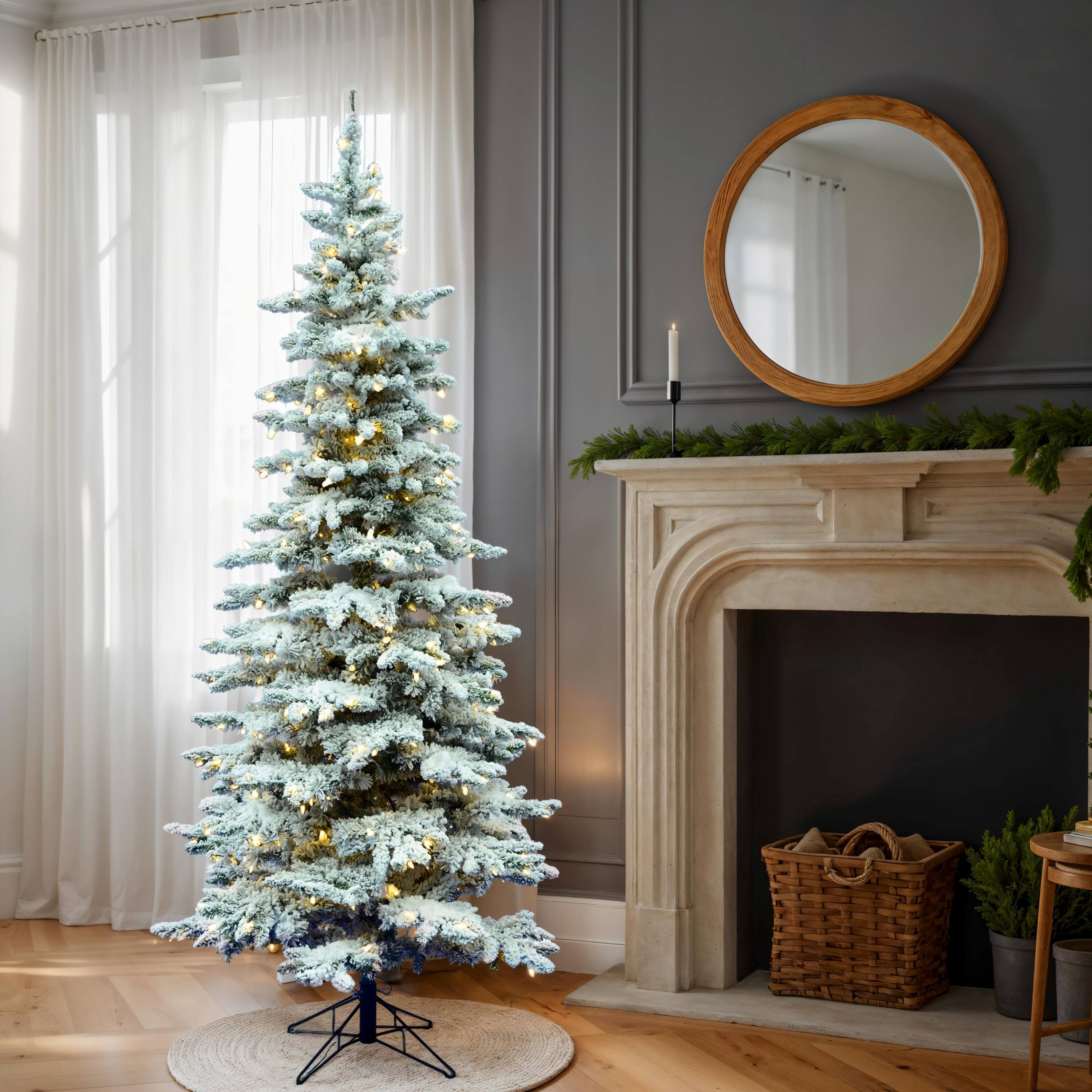 7.5ft. Pre-Lit Slim Flocked Utica Fir Artificial Christmas Tree, Pure White LED Lights
