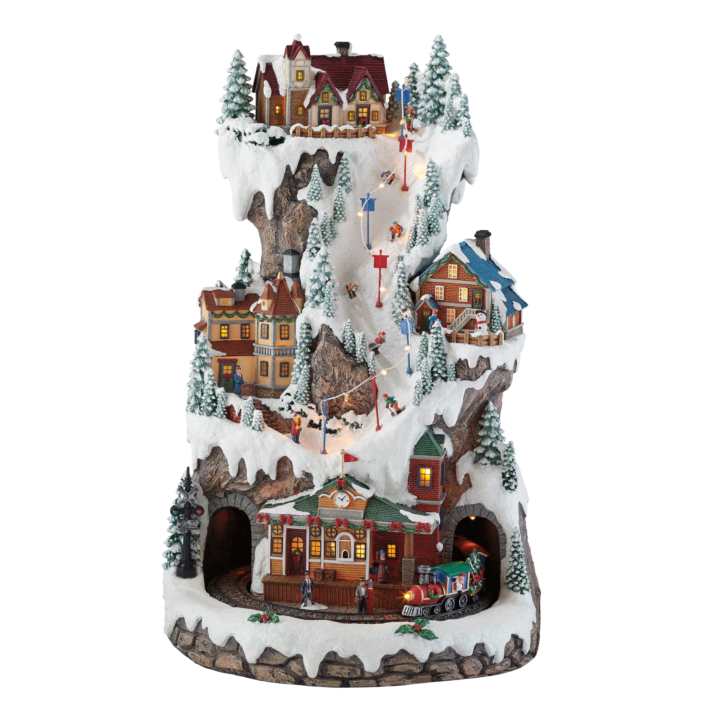 Moments in Time 20.5” Animated Tiered Ski Resort Mountain Vintage Train Station Décor
