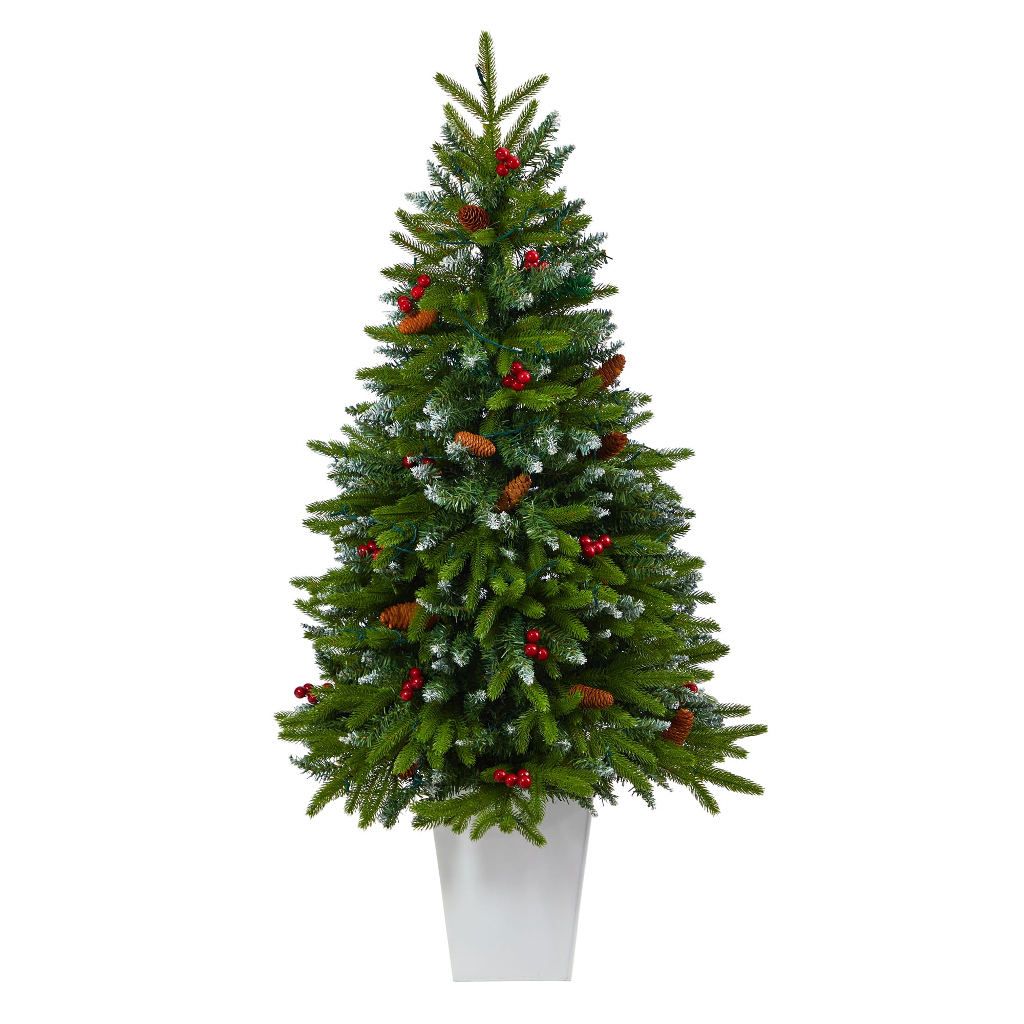 4.5ft. Pre-Lit Snow Tipped Portland Spruce Artificial Christmas Tree in White Metal Planter, Clear LED Lights