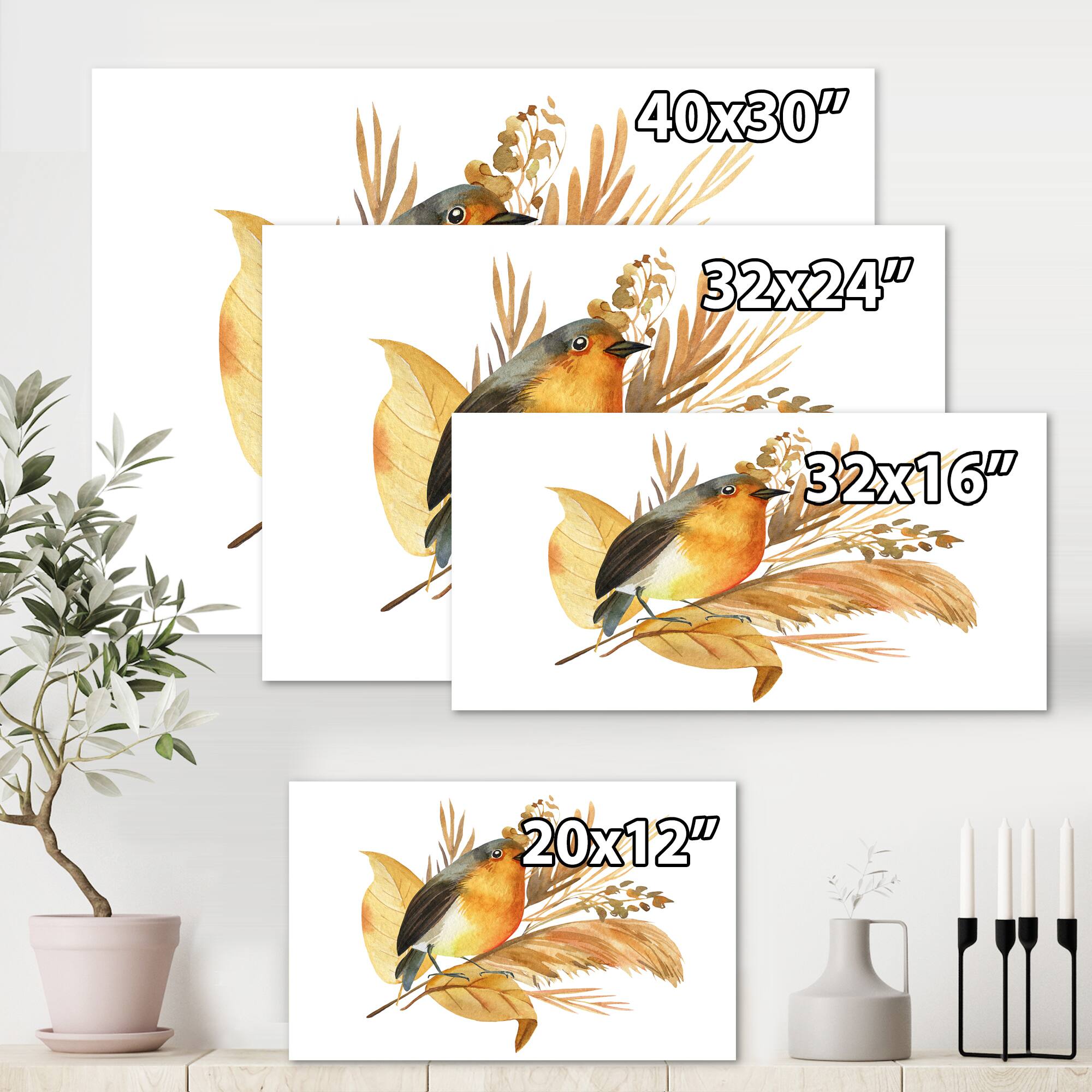 Designart - Robin Bird and Autumn Flowers - Traditional Canvas Wall Art Print