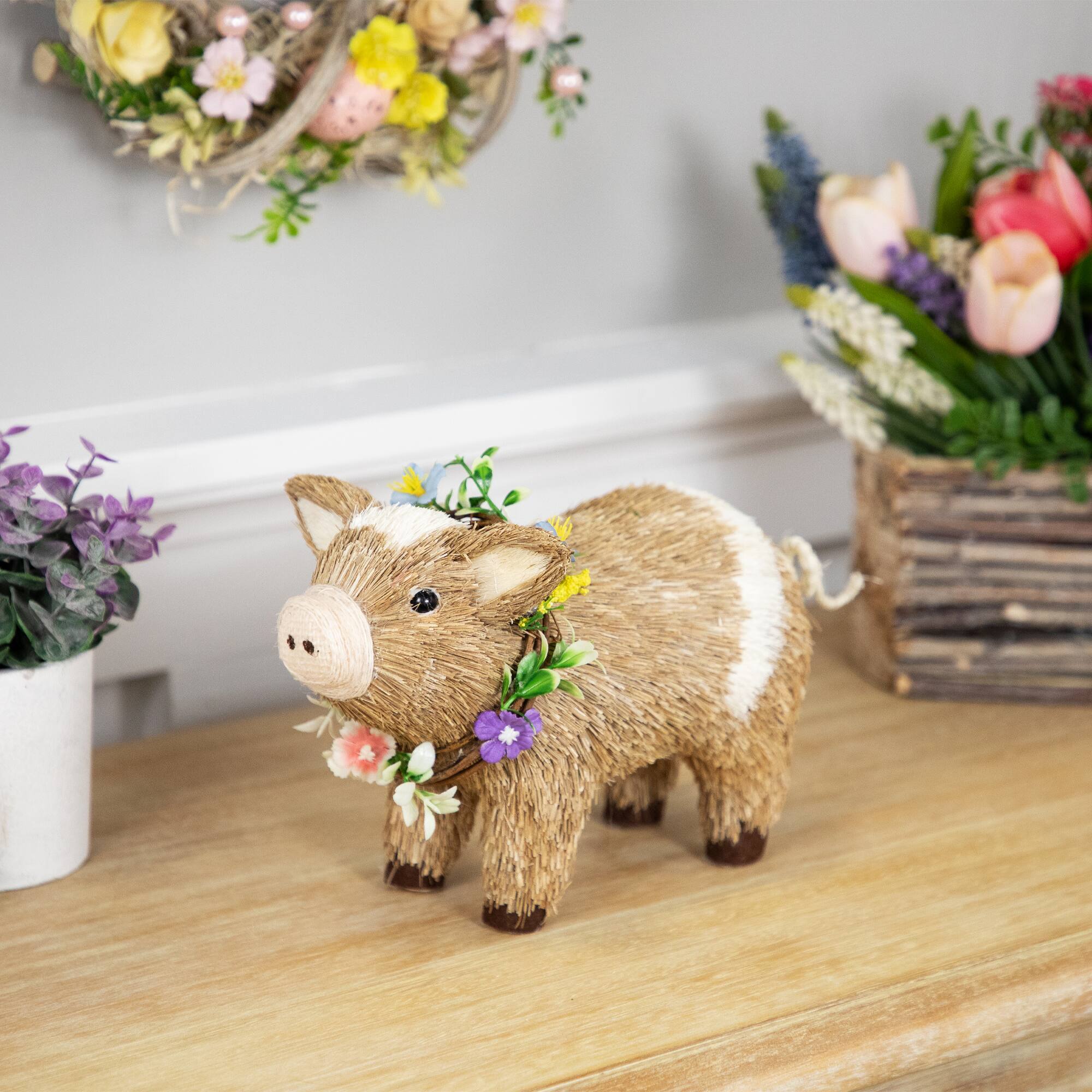10.25" Brown & Beige Boy Piglet with Floral Wreath Spring Figurine