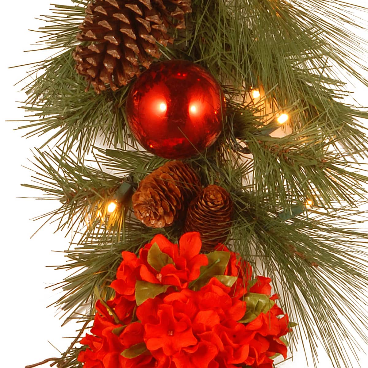 9' x 12" Pre-lit Decorative Collection Hydrangea Artificial Christmas Garland with Cones, Red Berries and 50 Soft White LED Lights