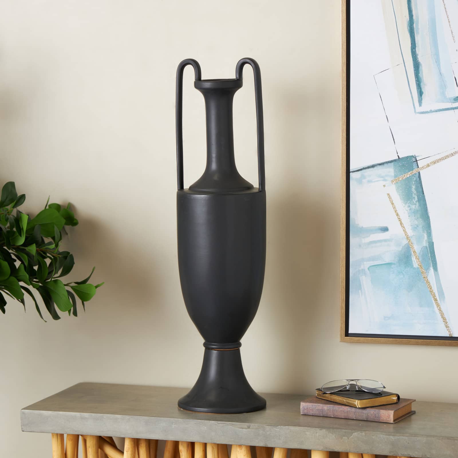 30" Black Fluted Urn Shaped Decorative Ceramic Vase with Arch Handles