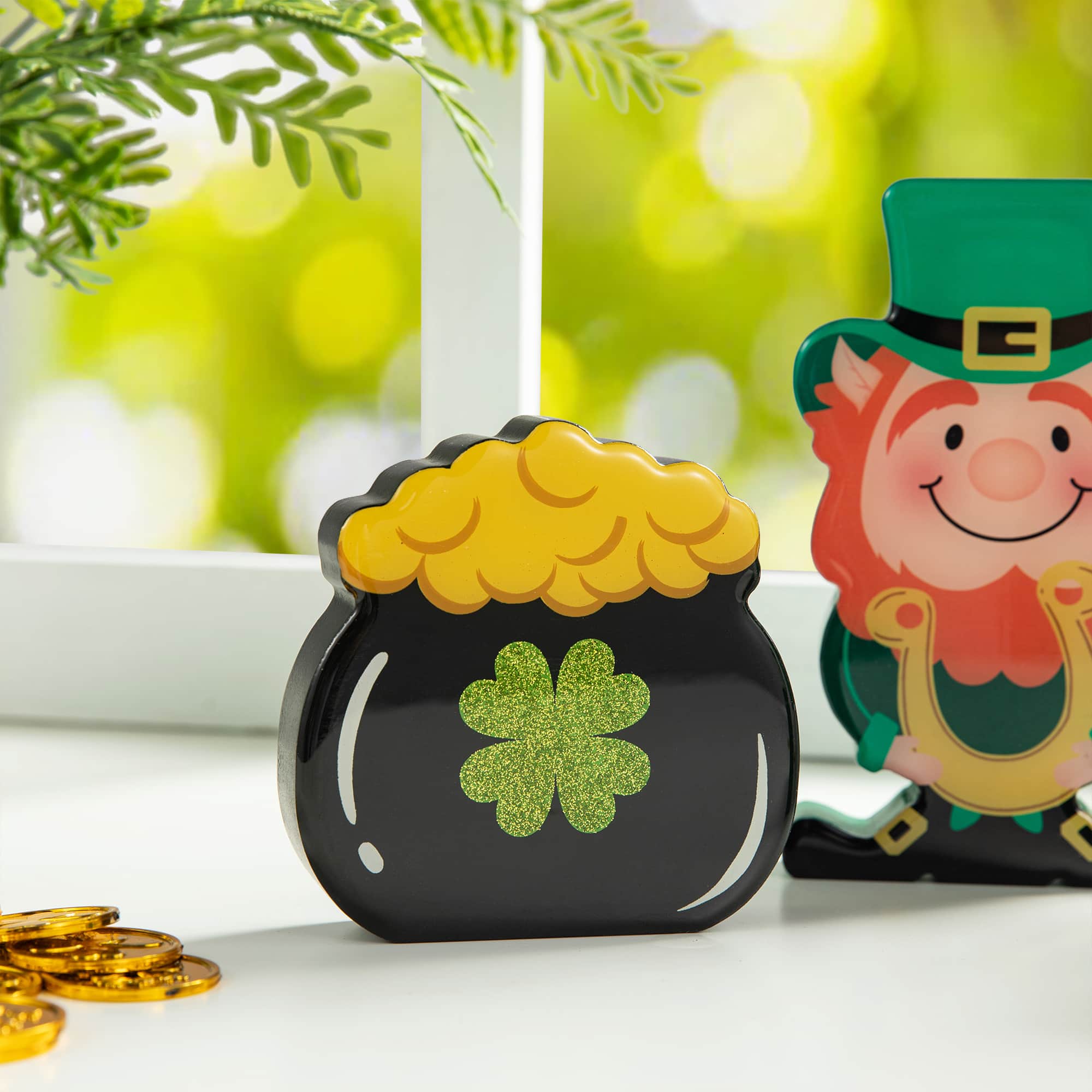 Glitzhome® St. Patrick's Shamrock, Pot of Gold & Leprechaun Table Décor Set