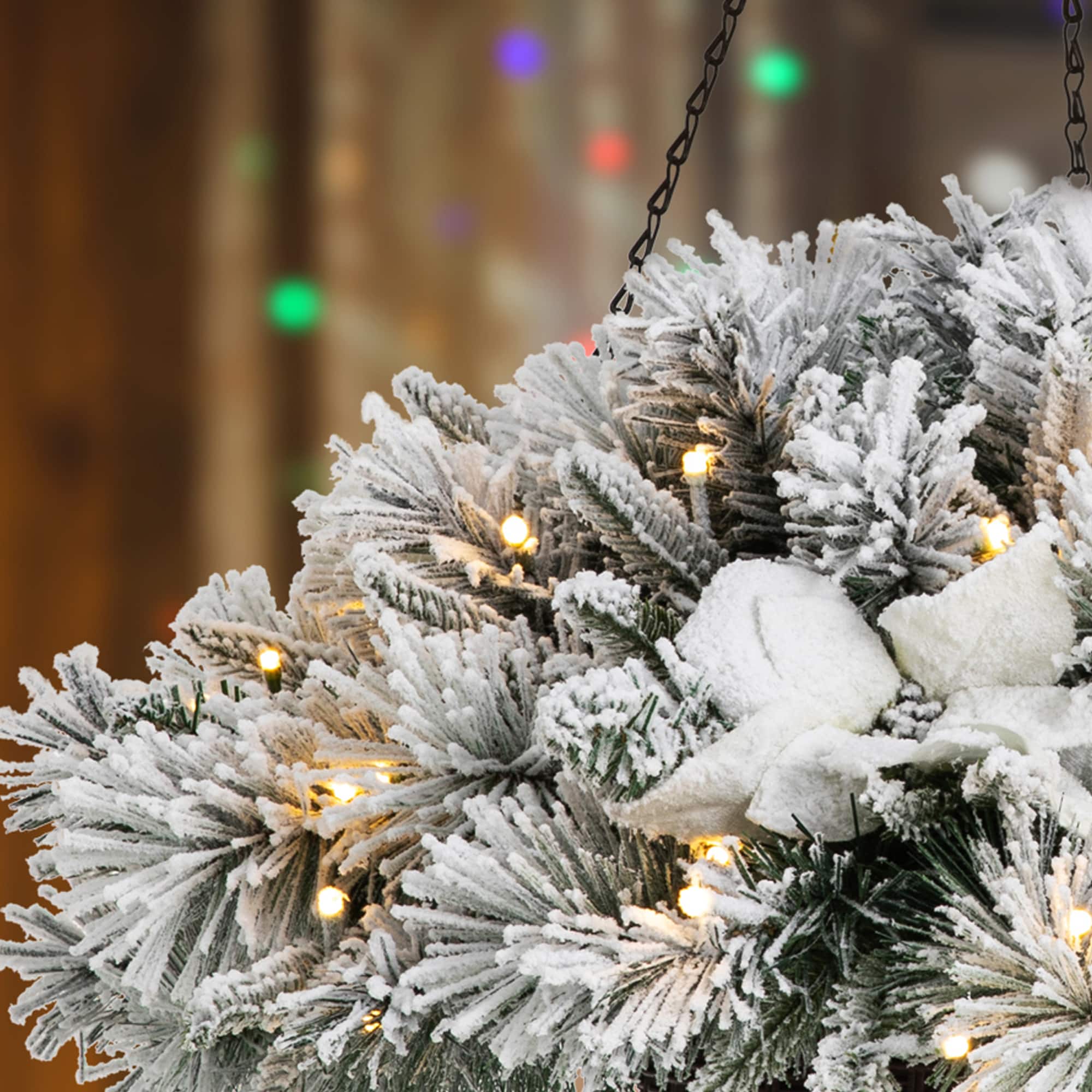 Glitzhome® 24" Pre-Lit Snow Flocked Christmas Artificial Pine Poinsettia Hanging Basket, White Lights