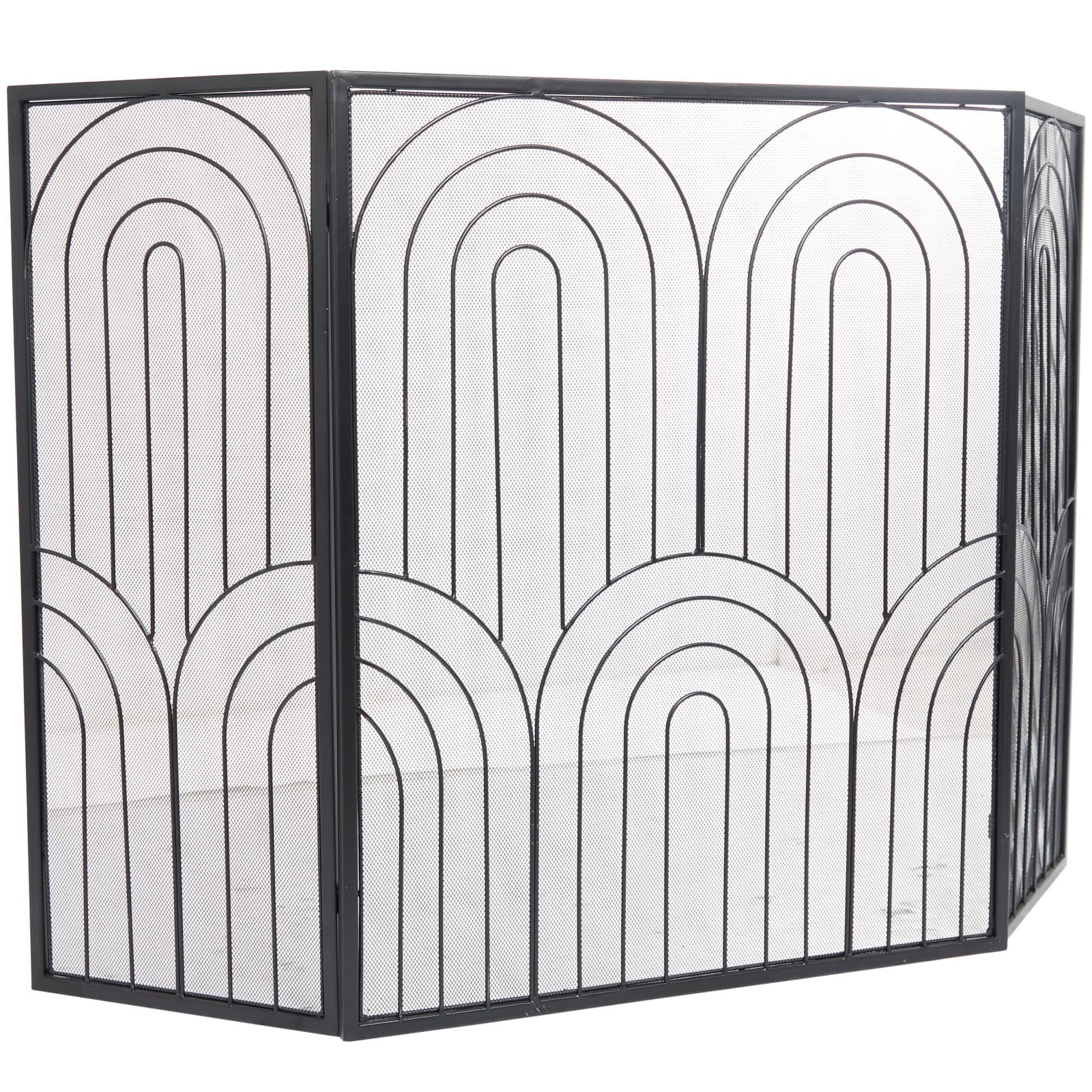 Black Metal Art Deco 3-Panel Fireplace Screen