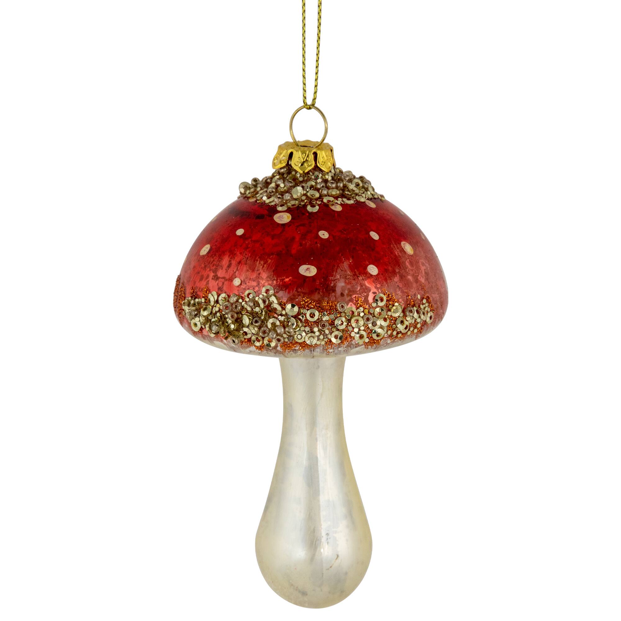 Sequined Mushroom Glass Christmas Ornament - 5" - Red and Gold Finish