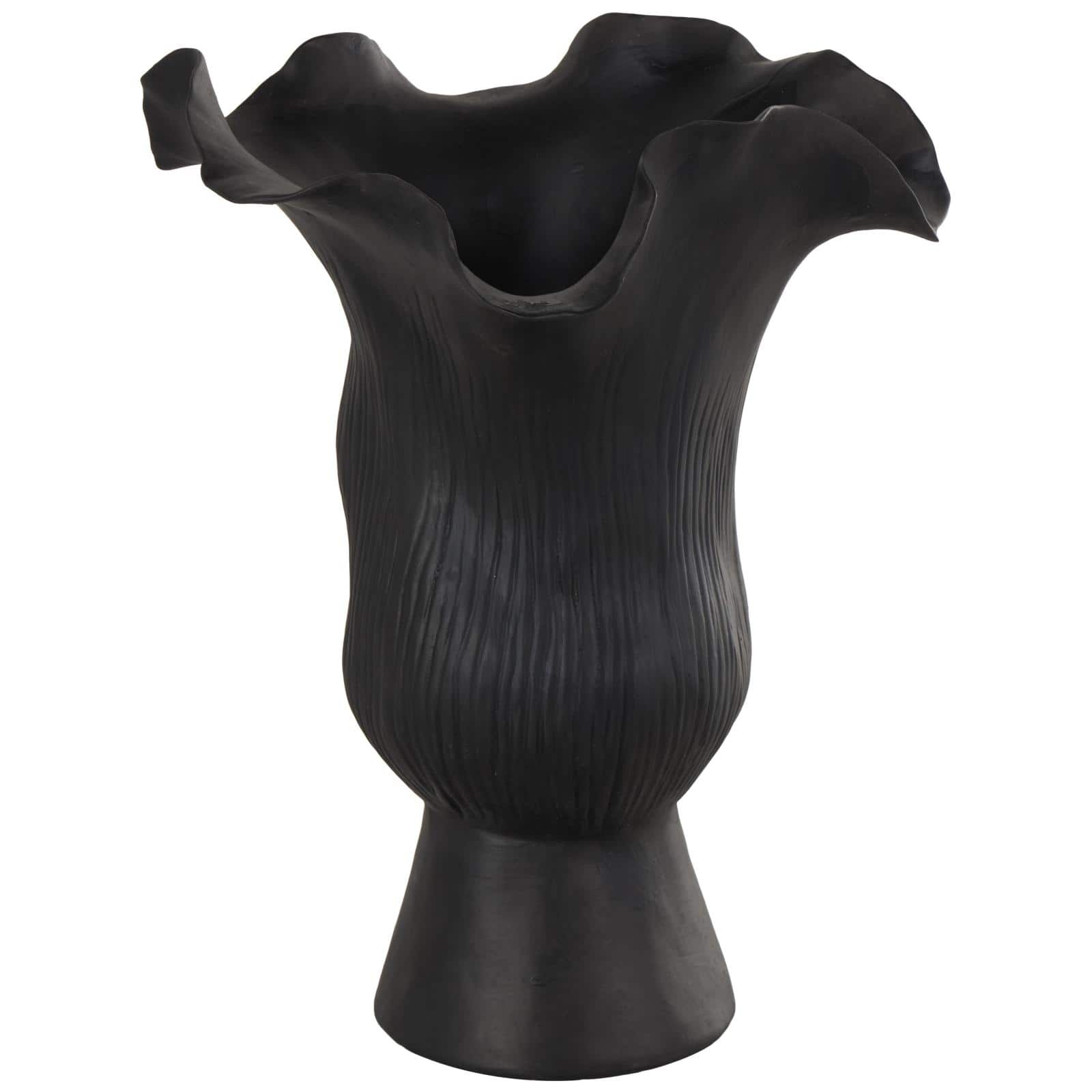 10.5" Black Ceramic Abstract Floral Vase with Linear Grooves