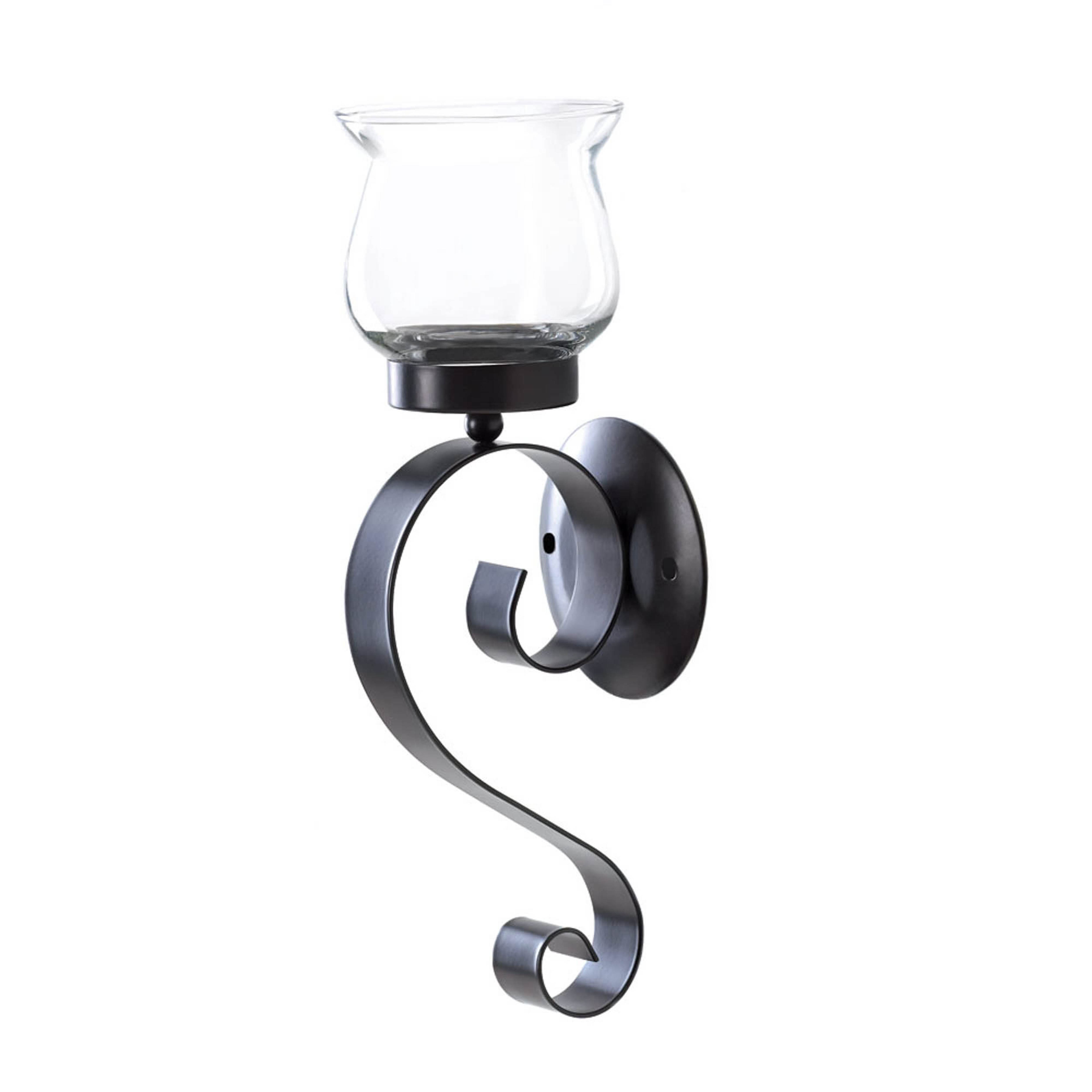 10.5" Black Rustic Iron and Glass Scrolling Candle Holder Wall Sconce