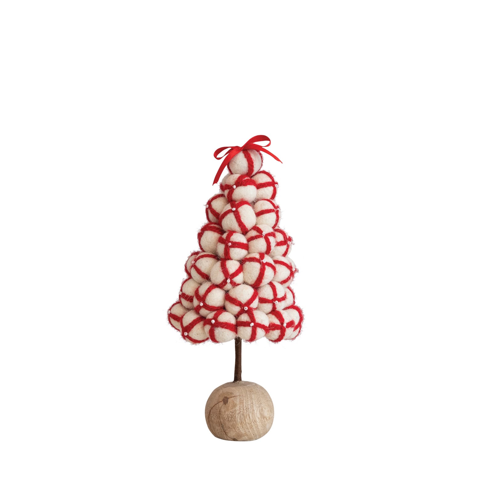 Hello Honey® 9" Cream & Red Beaded Handmade Wool Felt Pom Pom Tree with Wood Ball Base