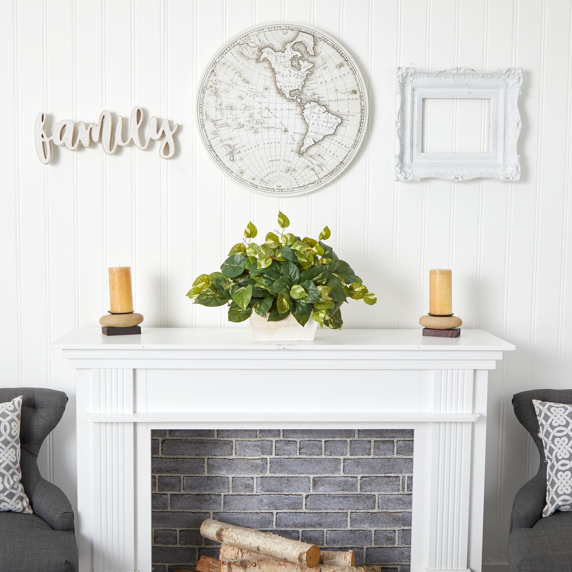 14" Pothos with White Wash Planter