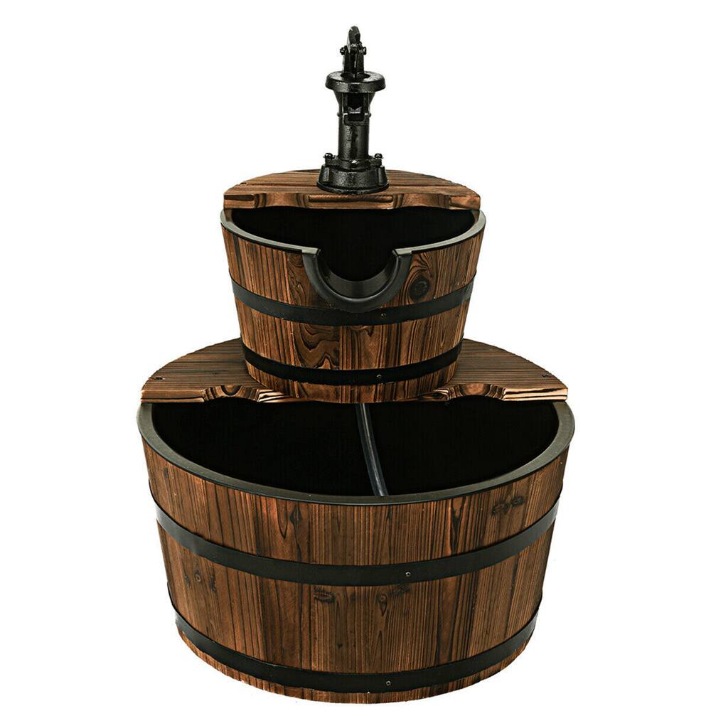 Costway 2-Tier Barrel Wooden Waterfall Fountain